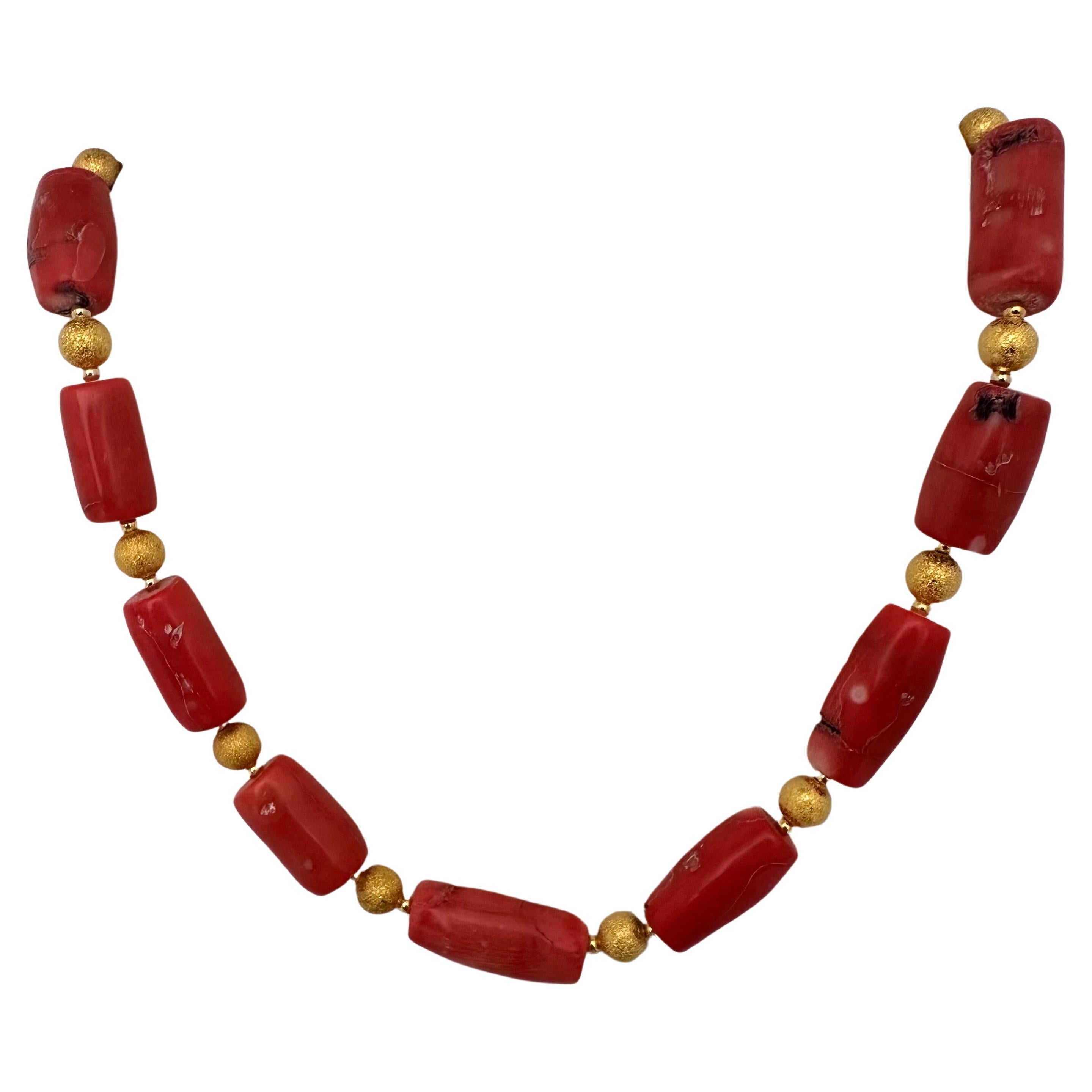 Handmade Gold Plated Beads & Salmon Barrel Shape Coral Beaded 19" Necklace #C36 For Sale