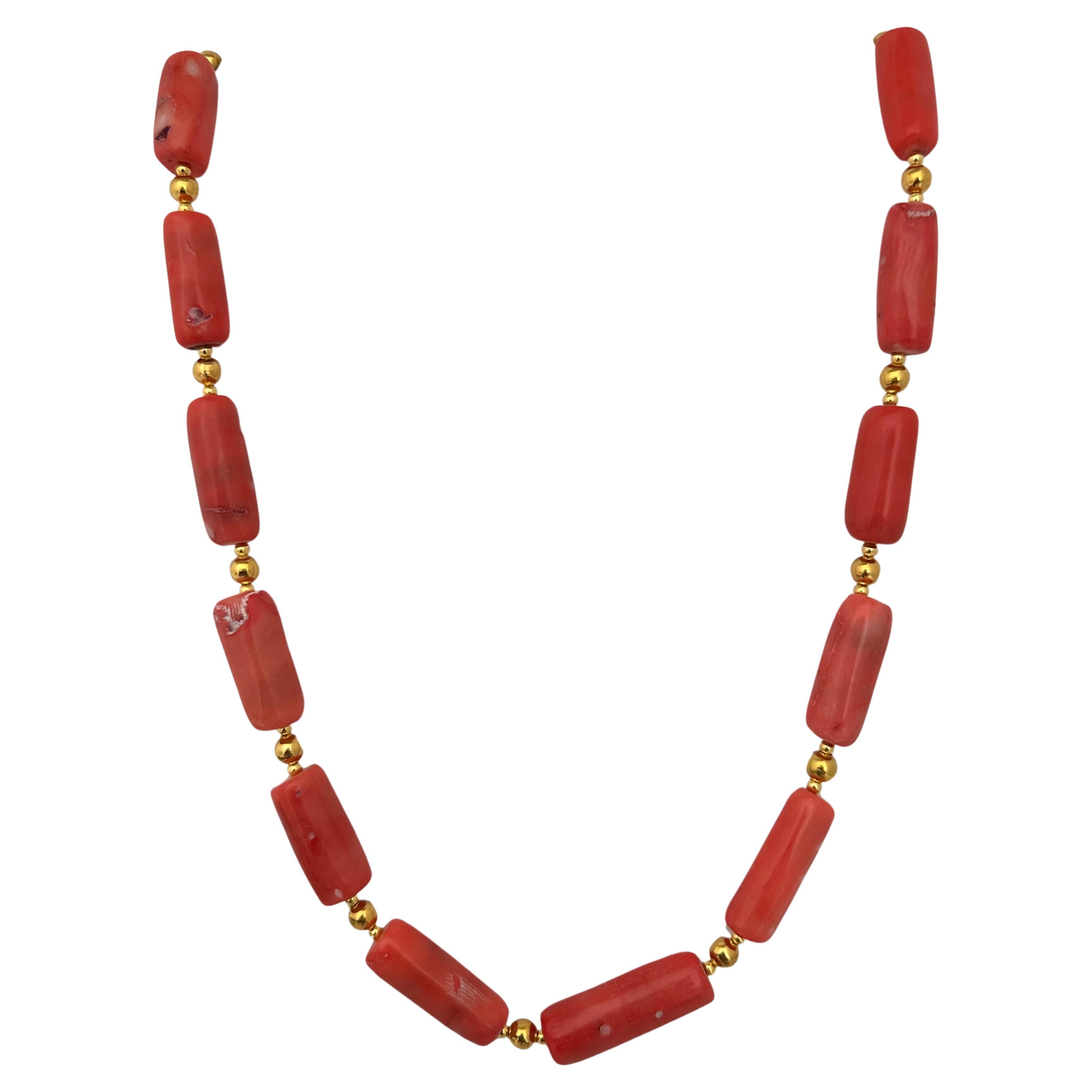 Handmade Gold Plated Beads & Salmon Barrel Shape Coral Beaded 24" Necklace #C39 For Sale