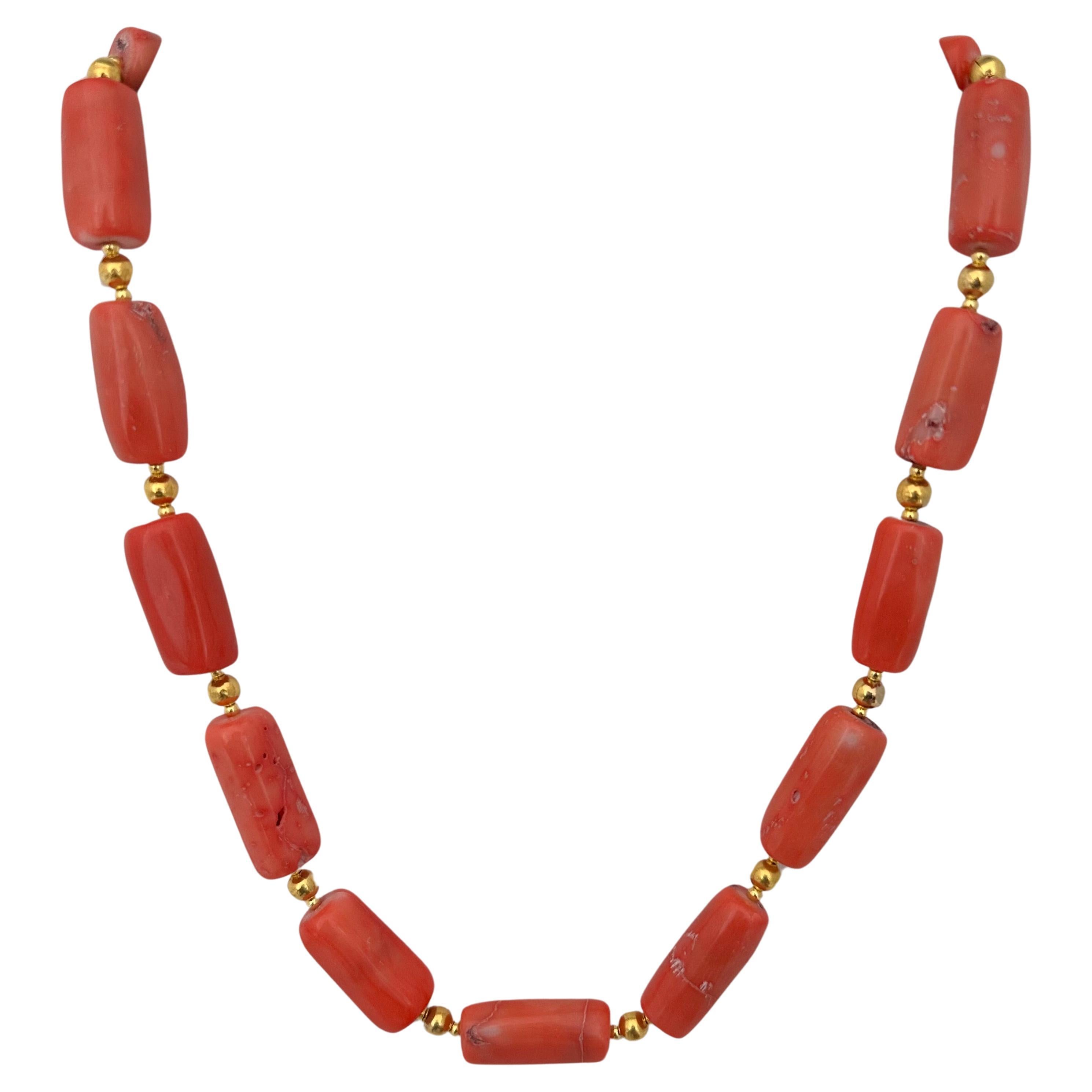 Handmade Gold Plated Beads & Salmon Barrel Shape Coral Beaded 24" Necklace #C40 For Sale