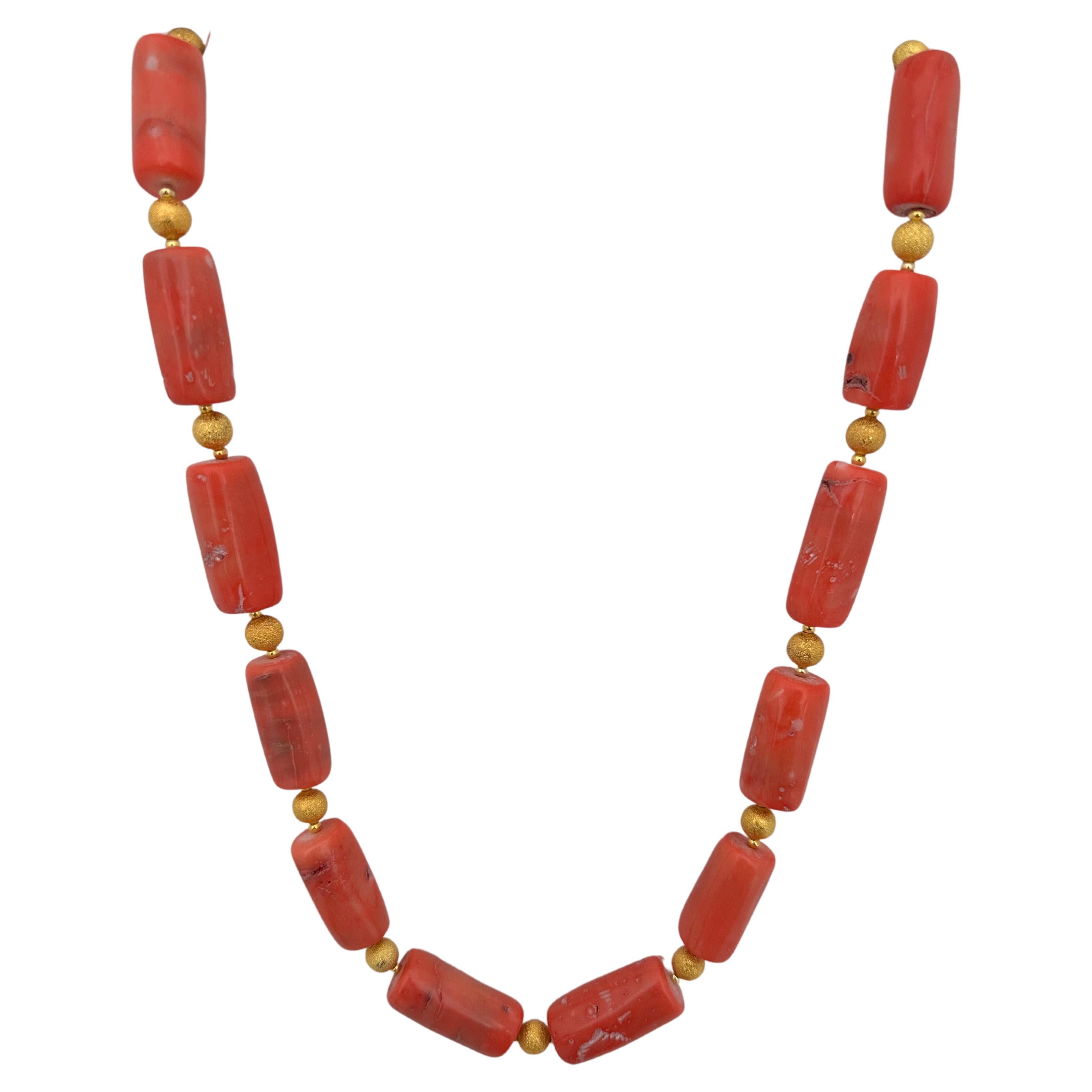 Handmade Gold Plated Beads & Salmon Barrel Shape Coral Beaded 26" Necklace #C38 For Sale