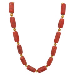 Handmade Gold Plated Beads & Salmon Barrel Shape Coral Beaded 26" Necklace #C38