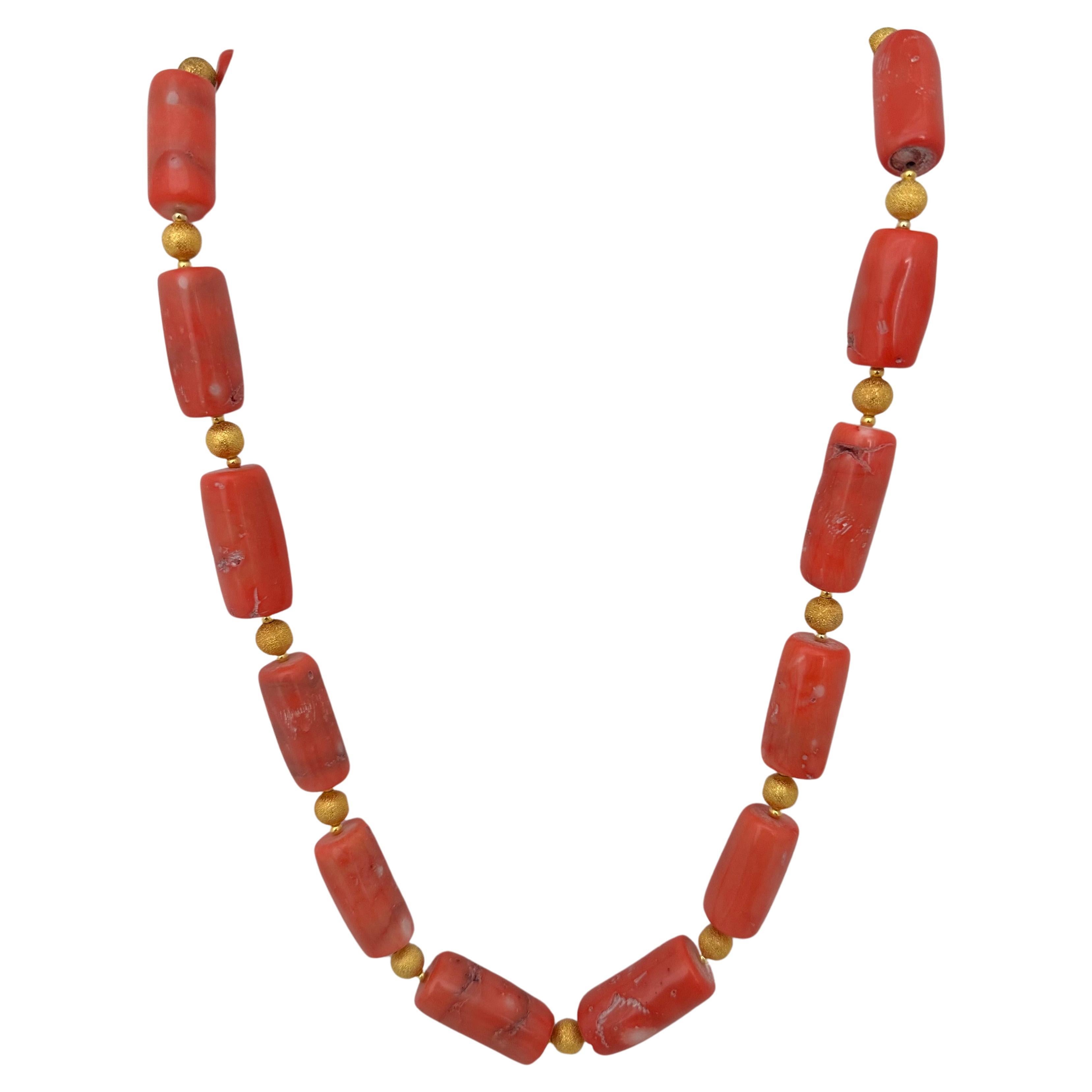 Handmade Gold Plated Beads & Salmon Barrel Shape Coral Beaded 27" Necklace #C35 For Sale