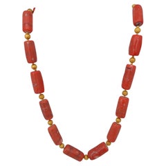 Handmade Gold Plated Beads & Salmon Barrel Shape Coral Beaded 27" Necklace #C35