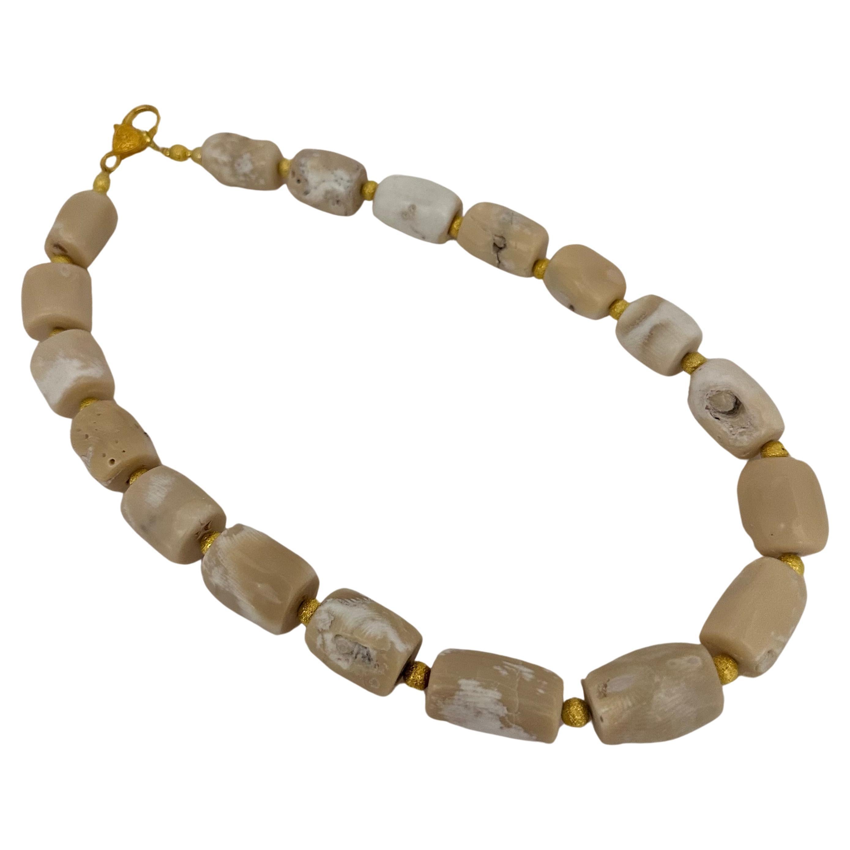 Handmade Gold Plated Beads & White Barrel Shape Coral Beaded 21.5" Necklace #C27 For Sale