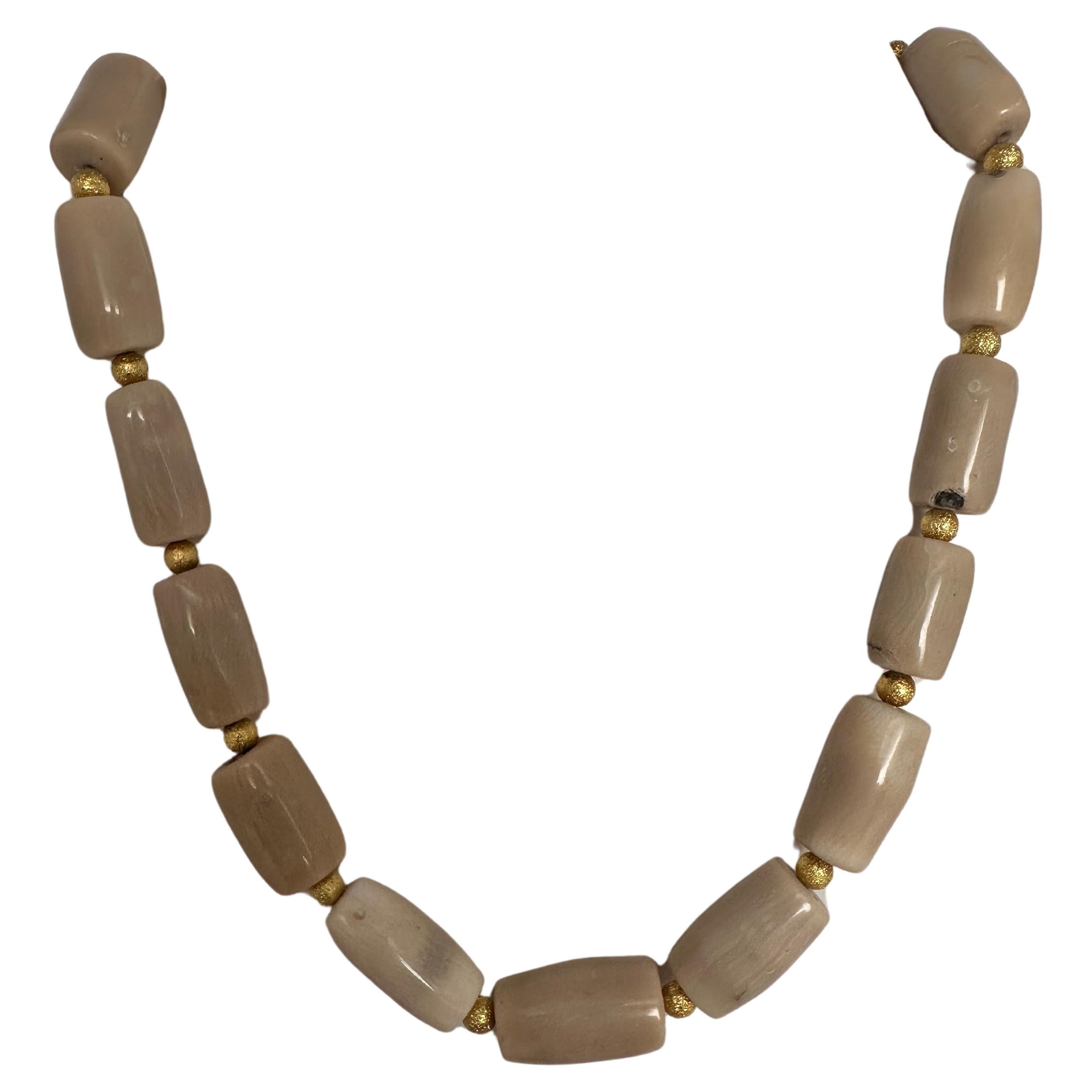 Handmade Gold Plated Beads & White Barrel Shape Coral Beaded 21.5" Necklace #C31 For Sale