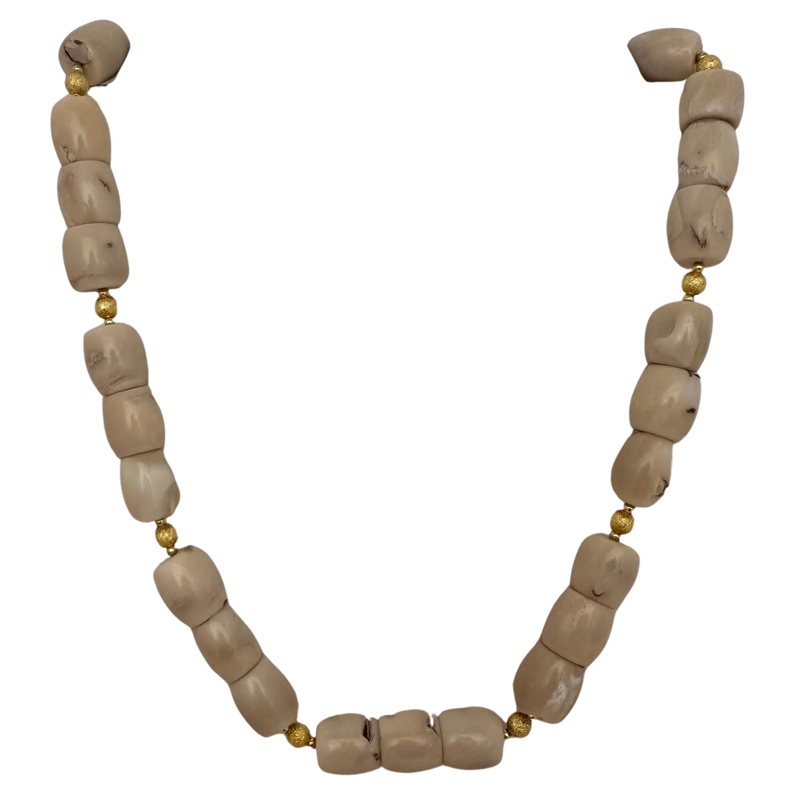Handmade Gold Plated Beads & White Barrel Shape Coral Beaded 23.5" Necklace #C32 For Sale