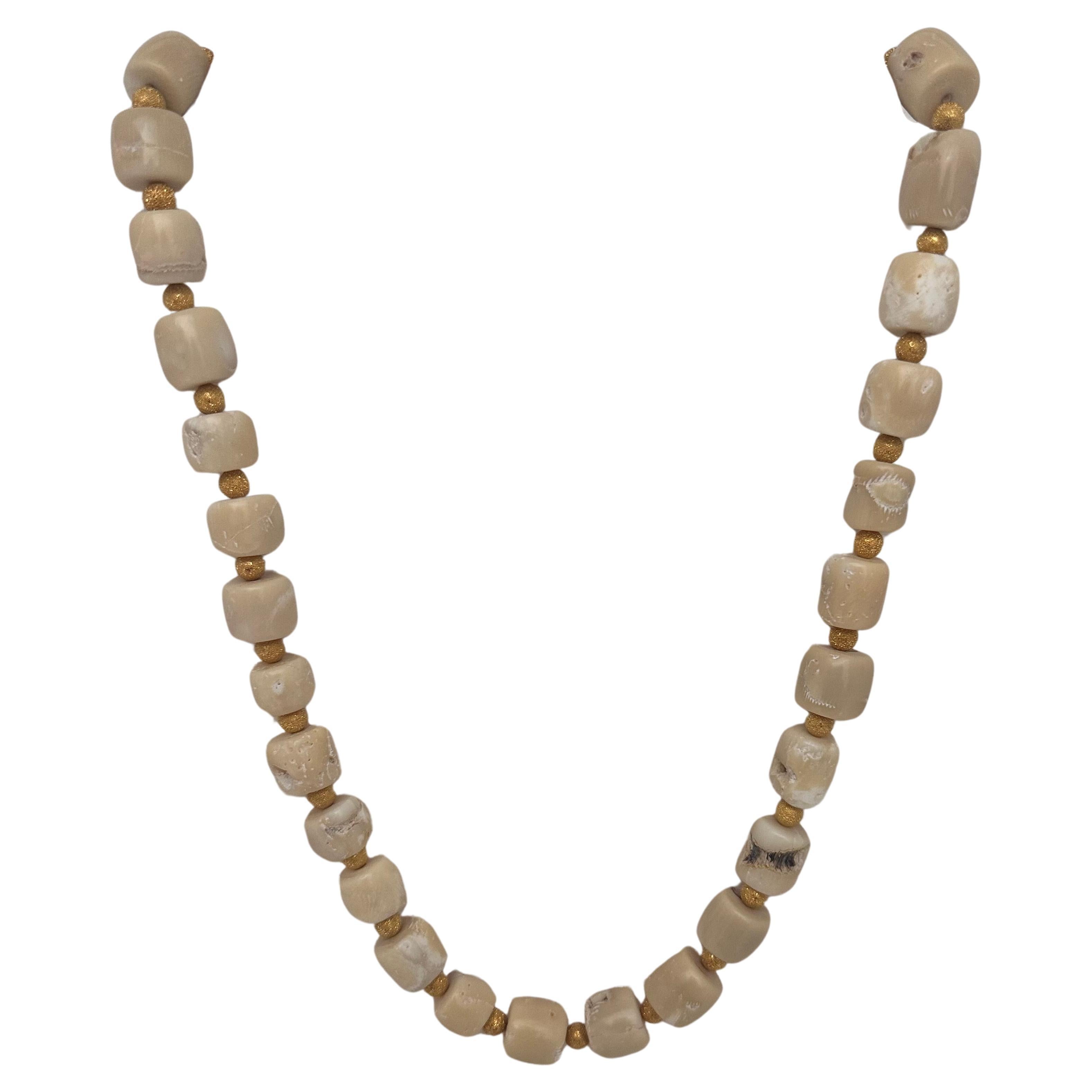 Handmade Gold Plated Beads & White Barrel Shape Coral Beaded 25" Necklace #C29 For Sale