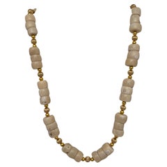 Handmade Gold Plated Beads & White Barrel Shape Coral Beaded 26" Necklace #C33
