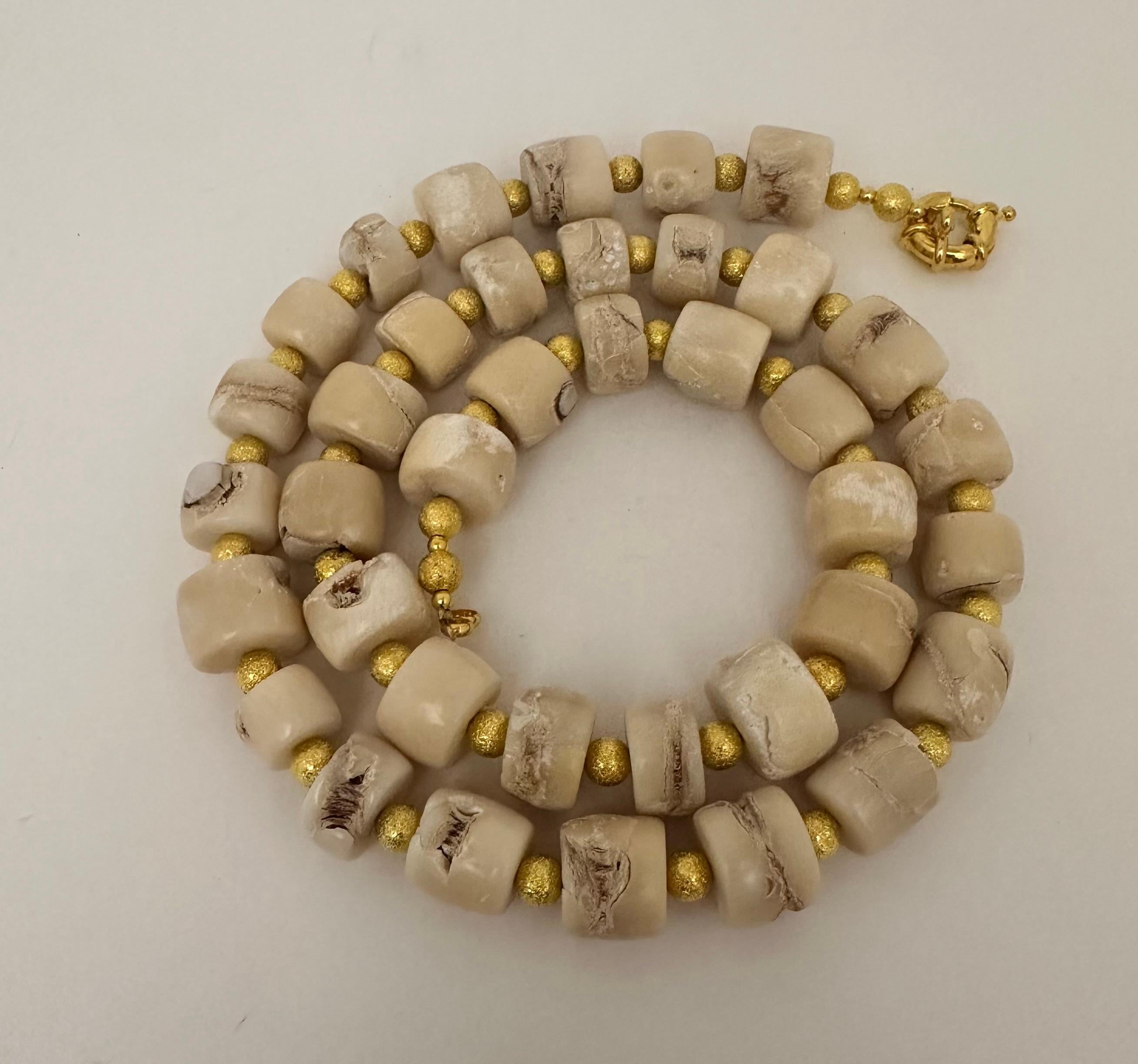Artisan Handmade Gold Plated Beads & White Barrel Shape Coral Beaded 26.5