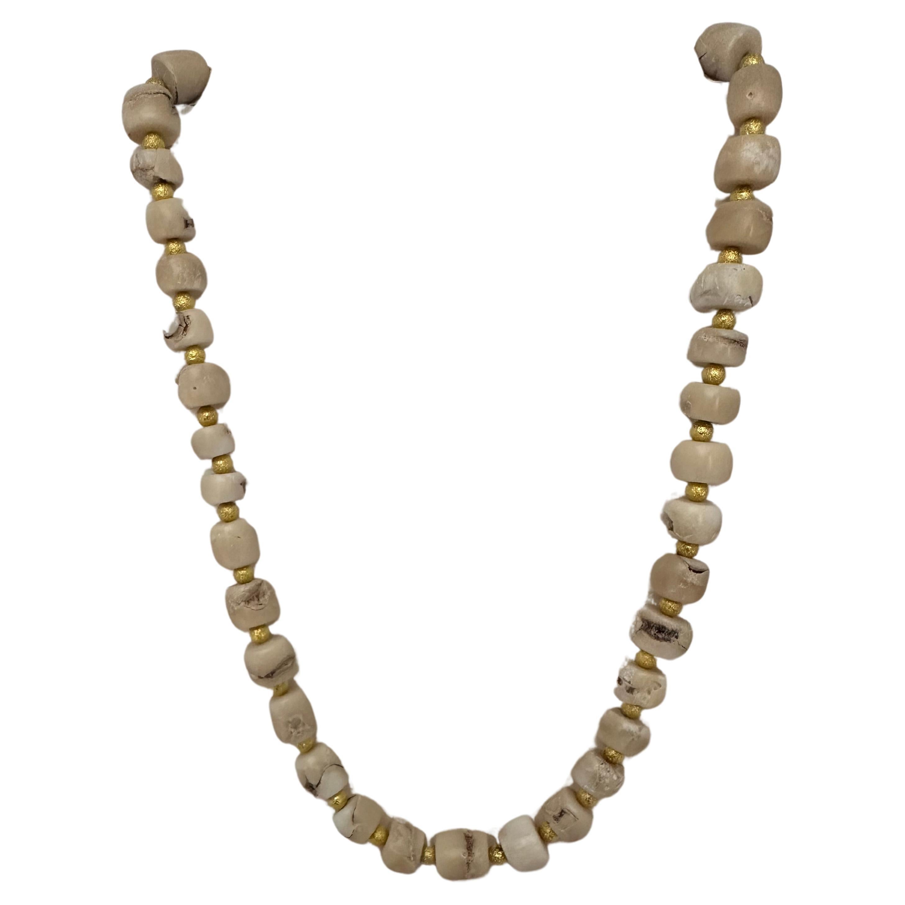 Handmade Gold Plated Beads & White Barrel Shape Coral Beaded 26.5" Necklace #C30 For Sale