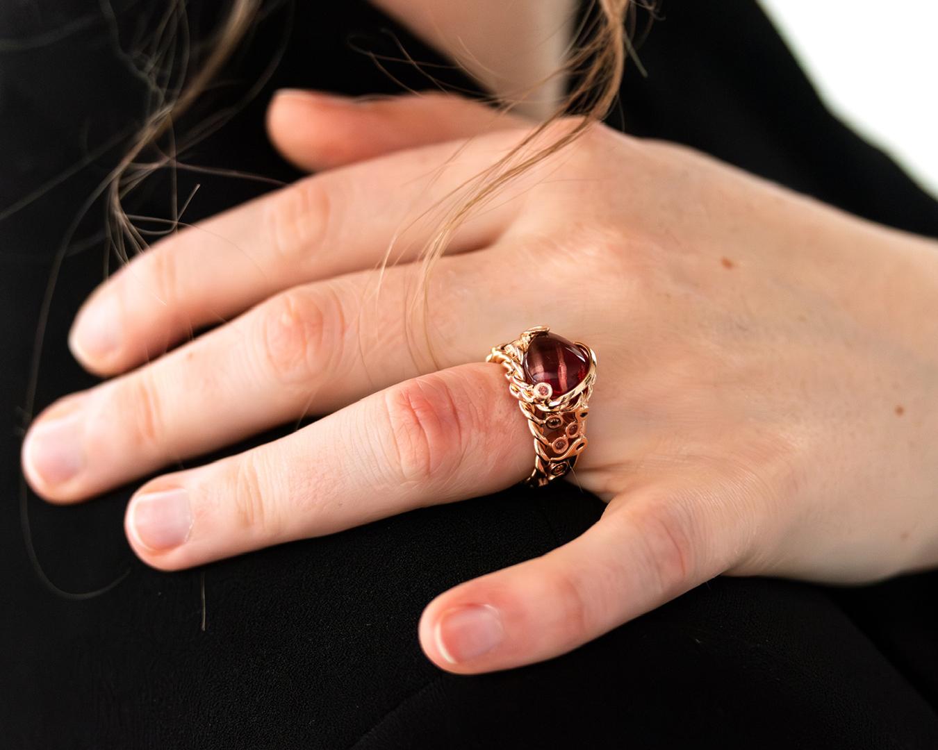 Handgefertigter Goldring Oregon Sunstone Brilliants im Angebot 2