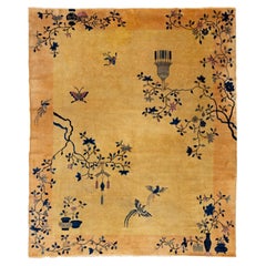 Handmade Goldenrod Antique Chinese Art Deco Wool Rug with Floral Pattern