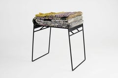 Handmade Gradient Textile and Matte Black Iron Crochet Knit Rug Stool