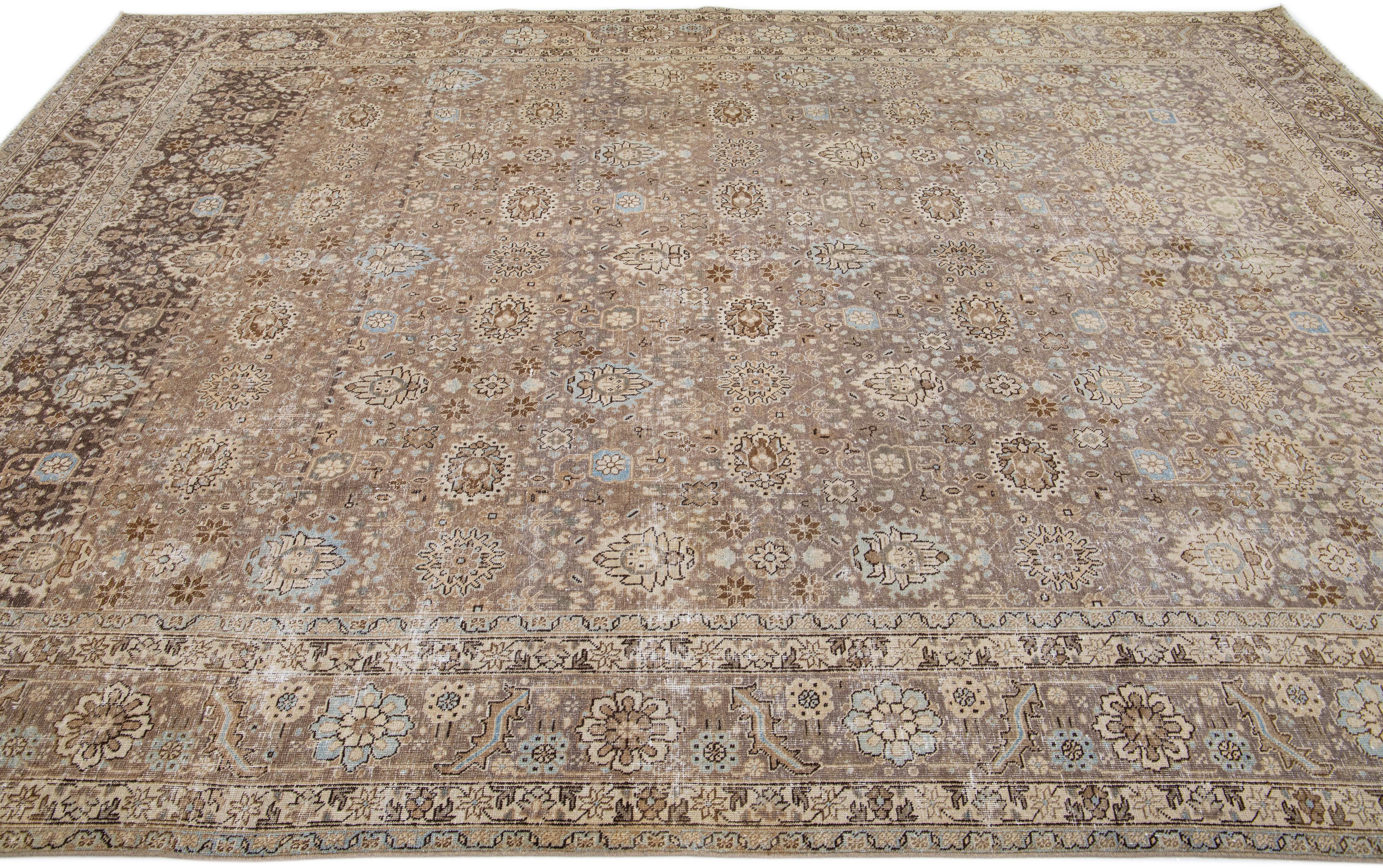 Hand-Knotted Handmade Gray Antique Persian Tabriz Allover Wool Rug For Sale