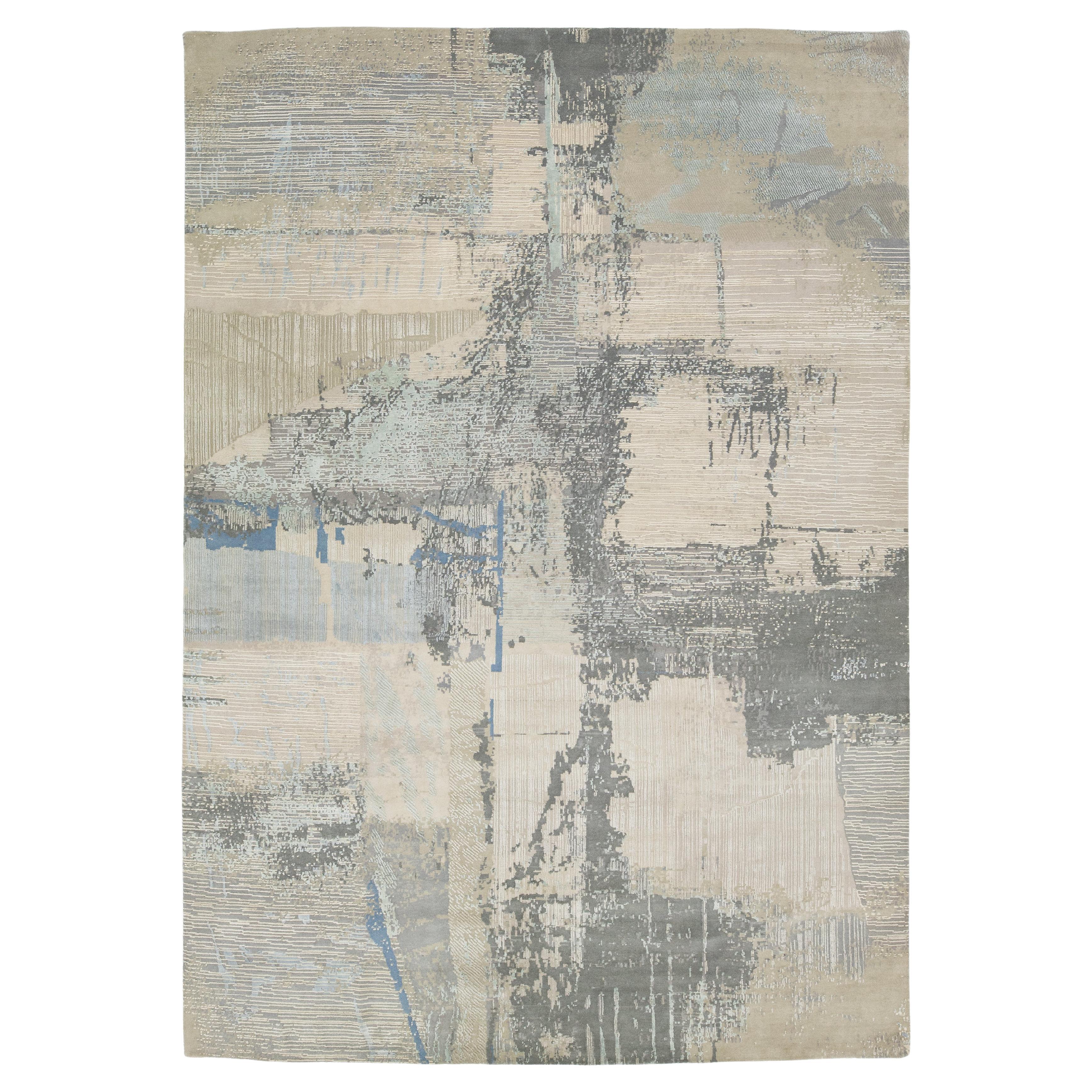 Handmade Gray Modern Tibetan Wool & Silk Rug With Abstract Design