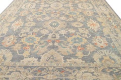 Handmade Gray Sultanabad Wool Rug Oversize Floral All-Over Design