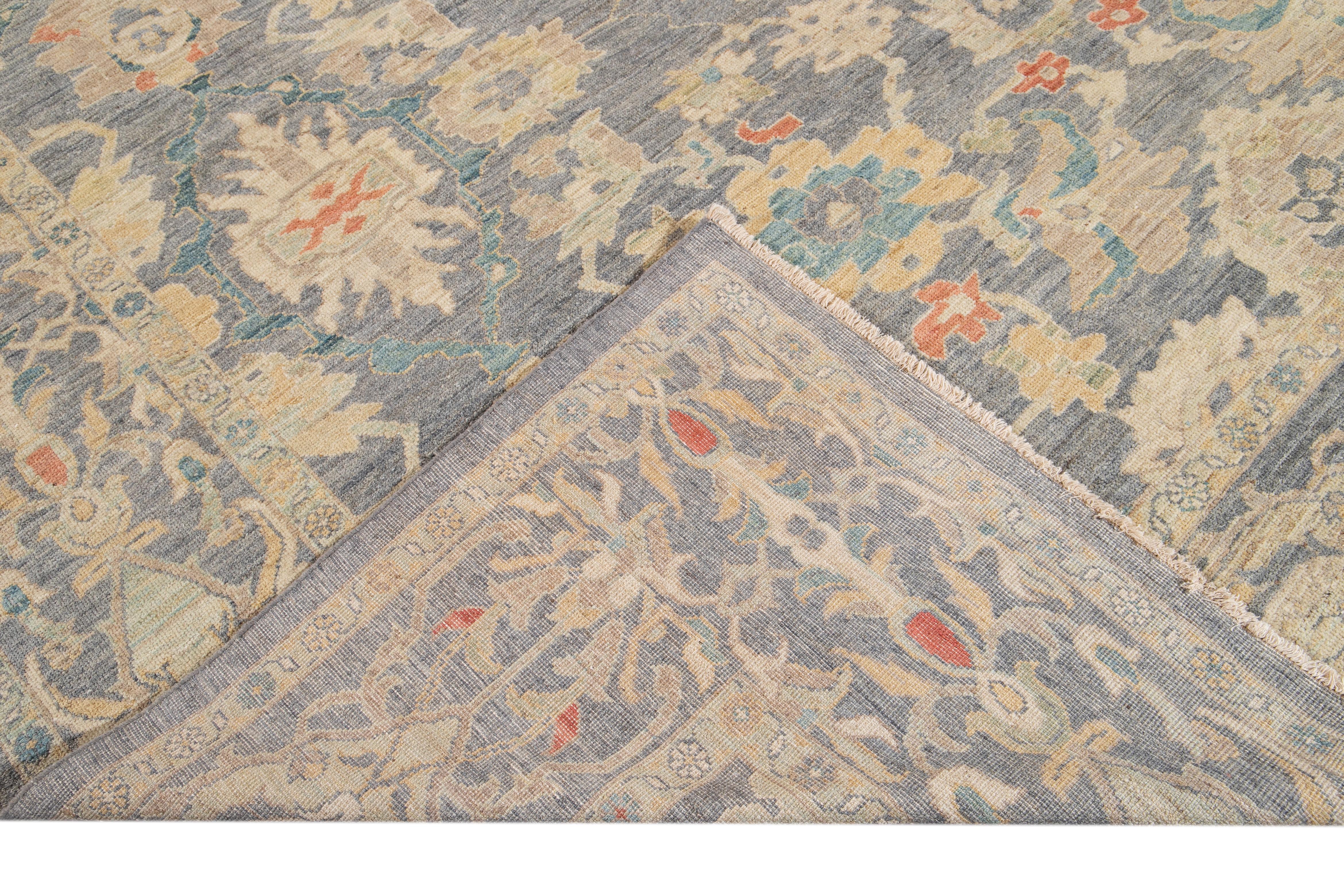Contemporary Handmade Gray Sultanabad Wool Rug Oversize Floral All-Over Design For Sale