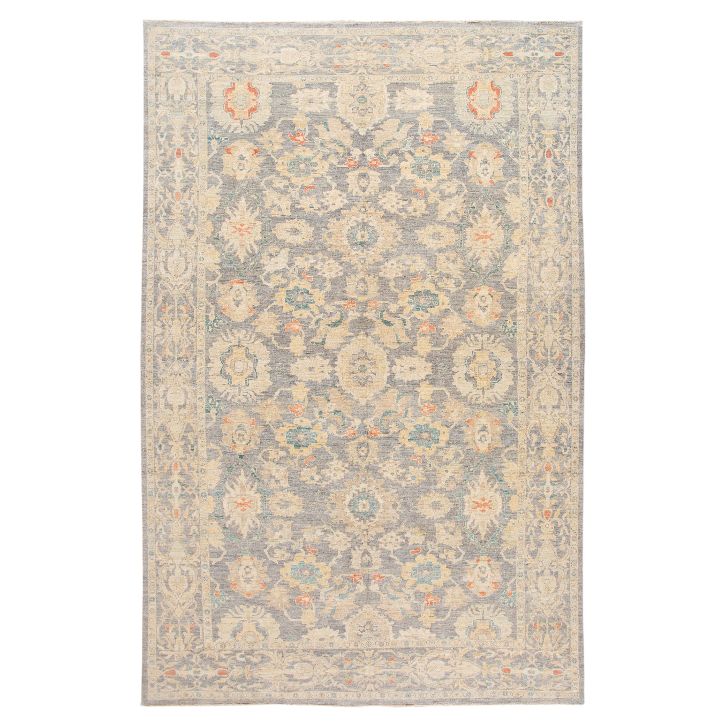 Tappeto in lana Sultanabad Rugs grigio fatto a mano, con disegno floreale oversize. in vendita