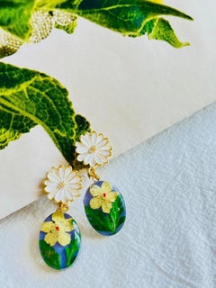 Handmade Green Leaf Daisy White Flower Amber Oil Painting Oval Clip Earrings