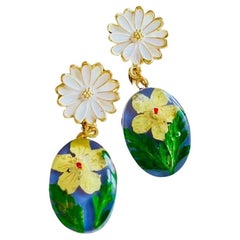 Handmade Green Leaf Daisy White Flower Amber Oil Painting Oval Clip Earrings