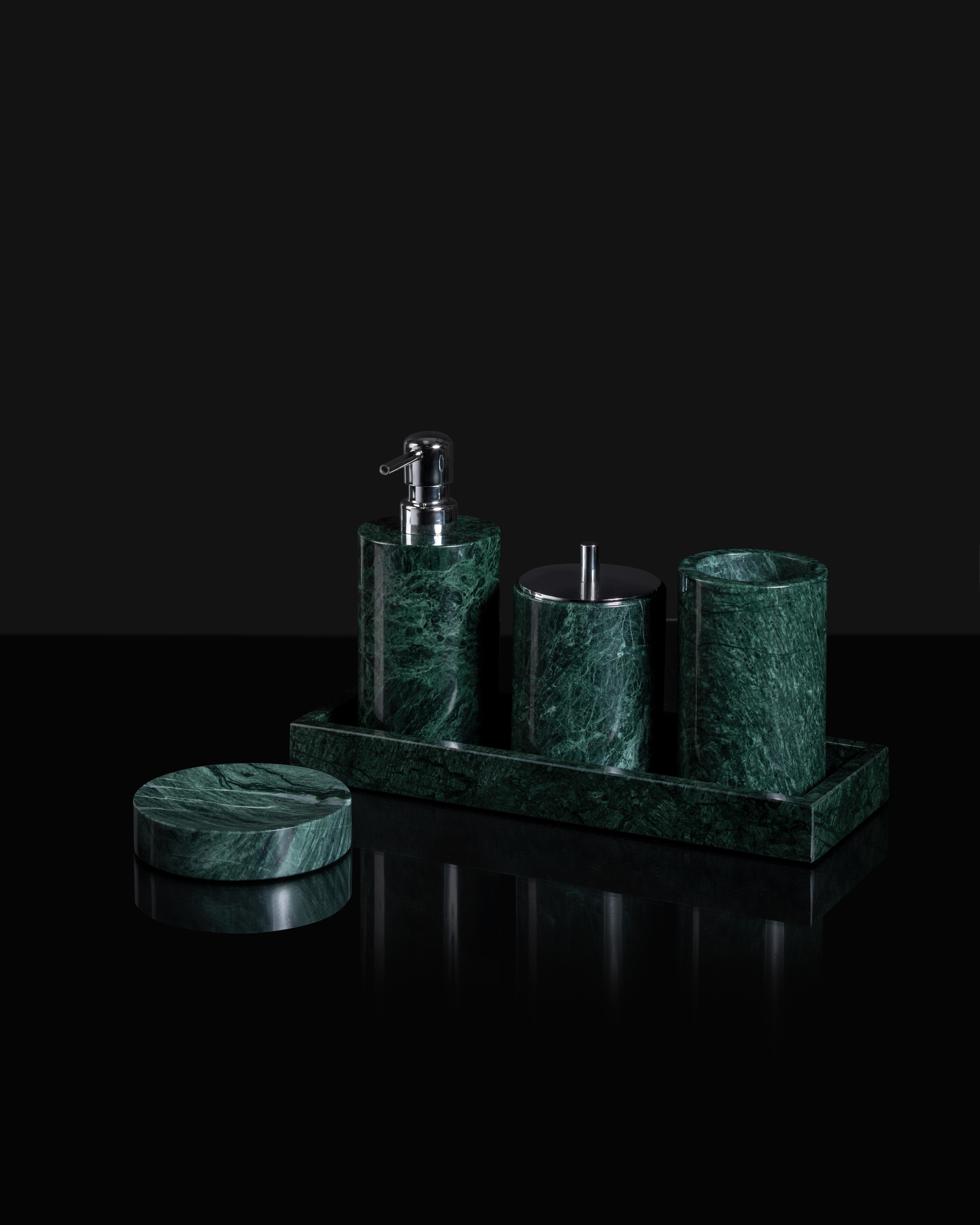 Crafted from elegant Green marble, this deluxe bathroom set is designed to enhance both the beauty and functionality of your bathroom, spa, or hotel.

The bathroom set contains a rectangular tray, soap dispenser, soap dish, toothbrush holder, and