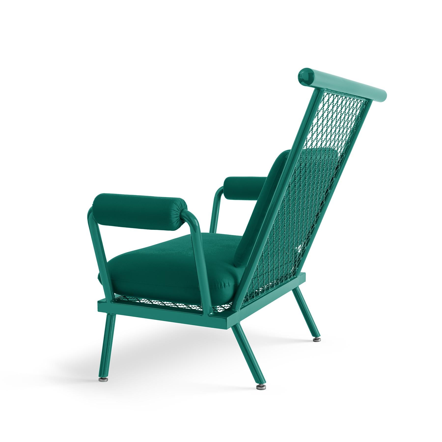 Handgefertigter grüner PK6-Sessel aus Kohlenstoffstahl mit Struktur und Metallgeflecht von Paulo Kobylka (Industriell) im Angebot