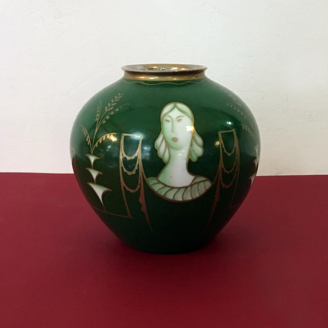 German Handmade Green, Pure Gold and White Ceramic Vase by Thomas Group, 1940s