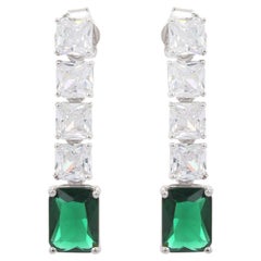Handmade Green Zirconia Linear Drop Earrings for Women Jewelry in 925 Silver