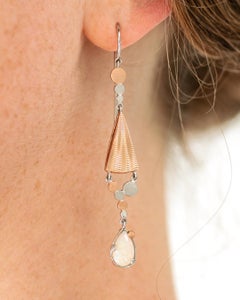 Handmade Guilloche Art Deco Dangle Earrings in Rose Gold & Platinum with Opal