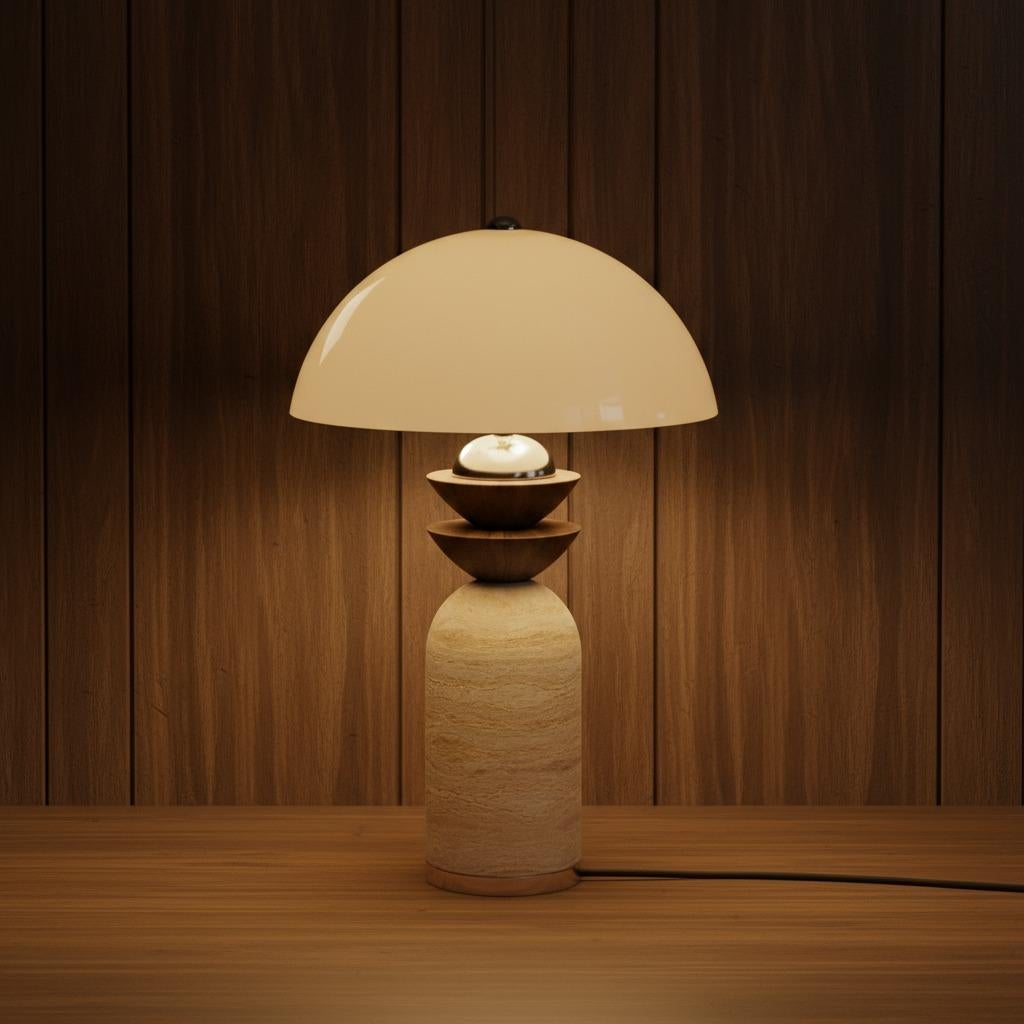 Portugais Lampe de table Gustav en travertin et noyer sculptural faite à la main par Nolita Harbour en vente