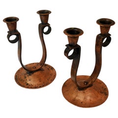 Handmade Hammered Copper Double Candlesticks, Midcentury