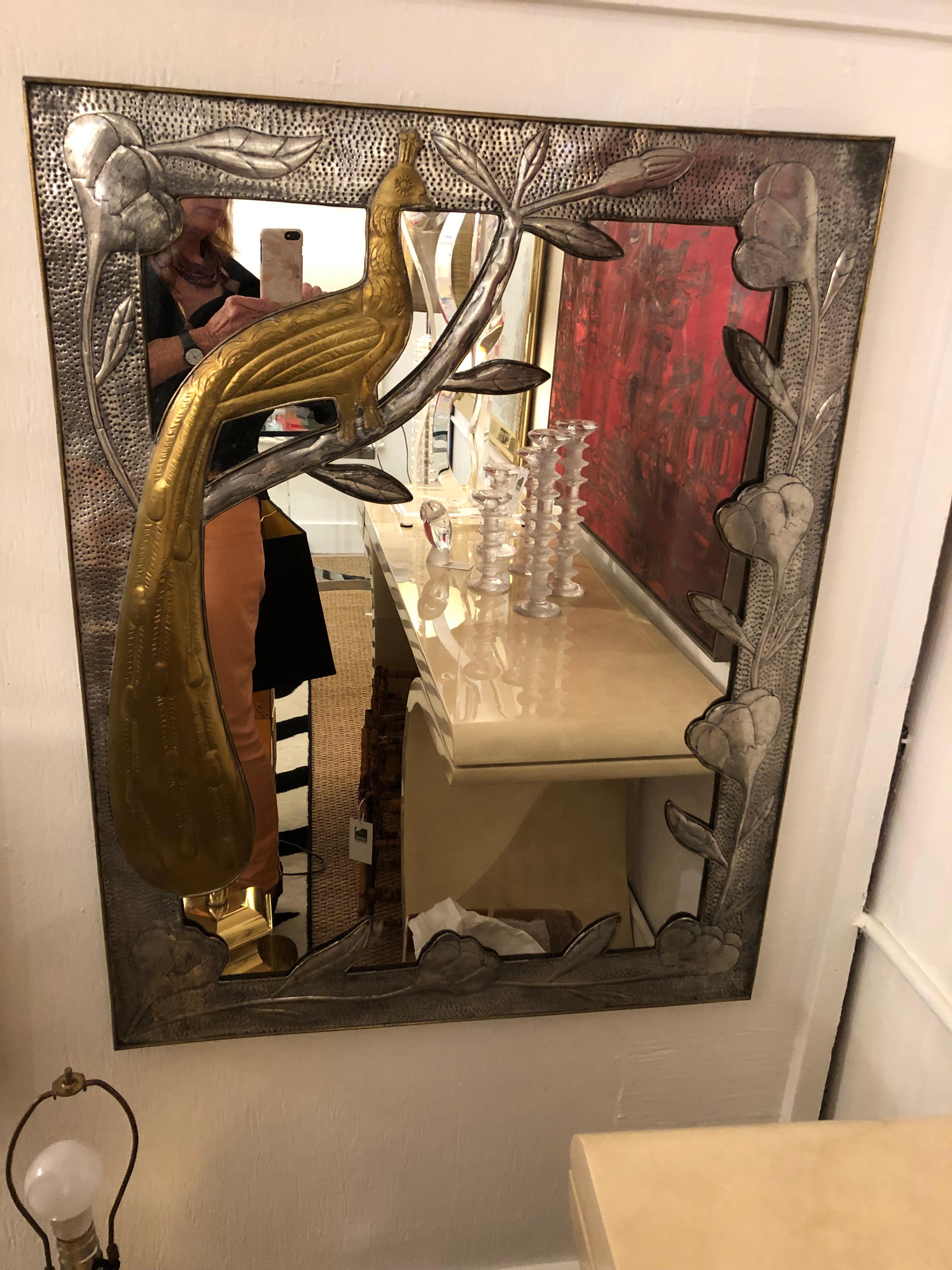 Handmade Hammered Metal & Brass Mexican Wall Mirror with Peacock In Good Condition In Hopewell, NJ
