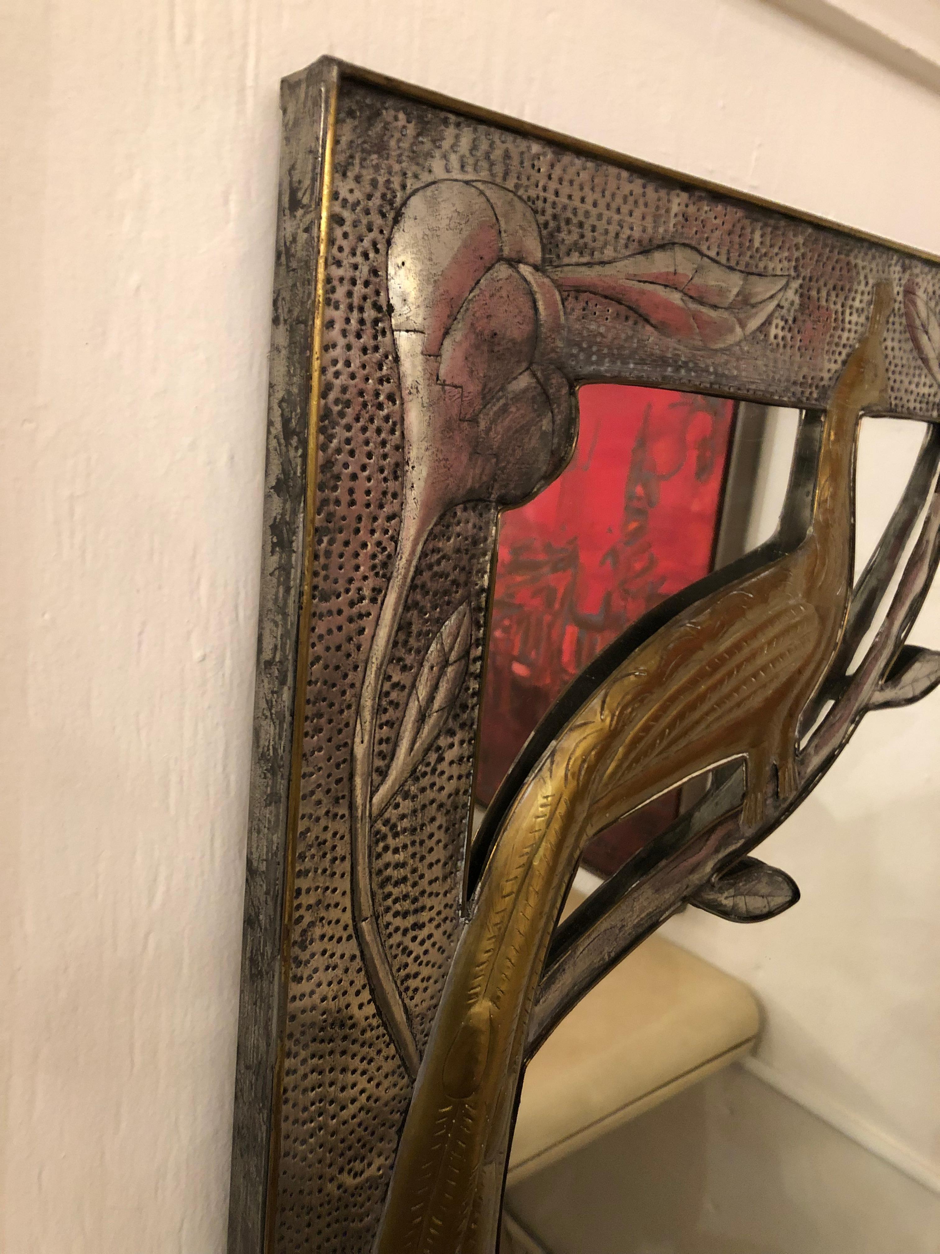 Late 20th Century Handmade Hammered Metal & Brass Mexican Wall Mirror with Peacock