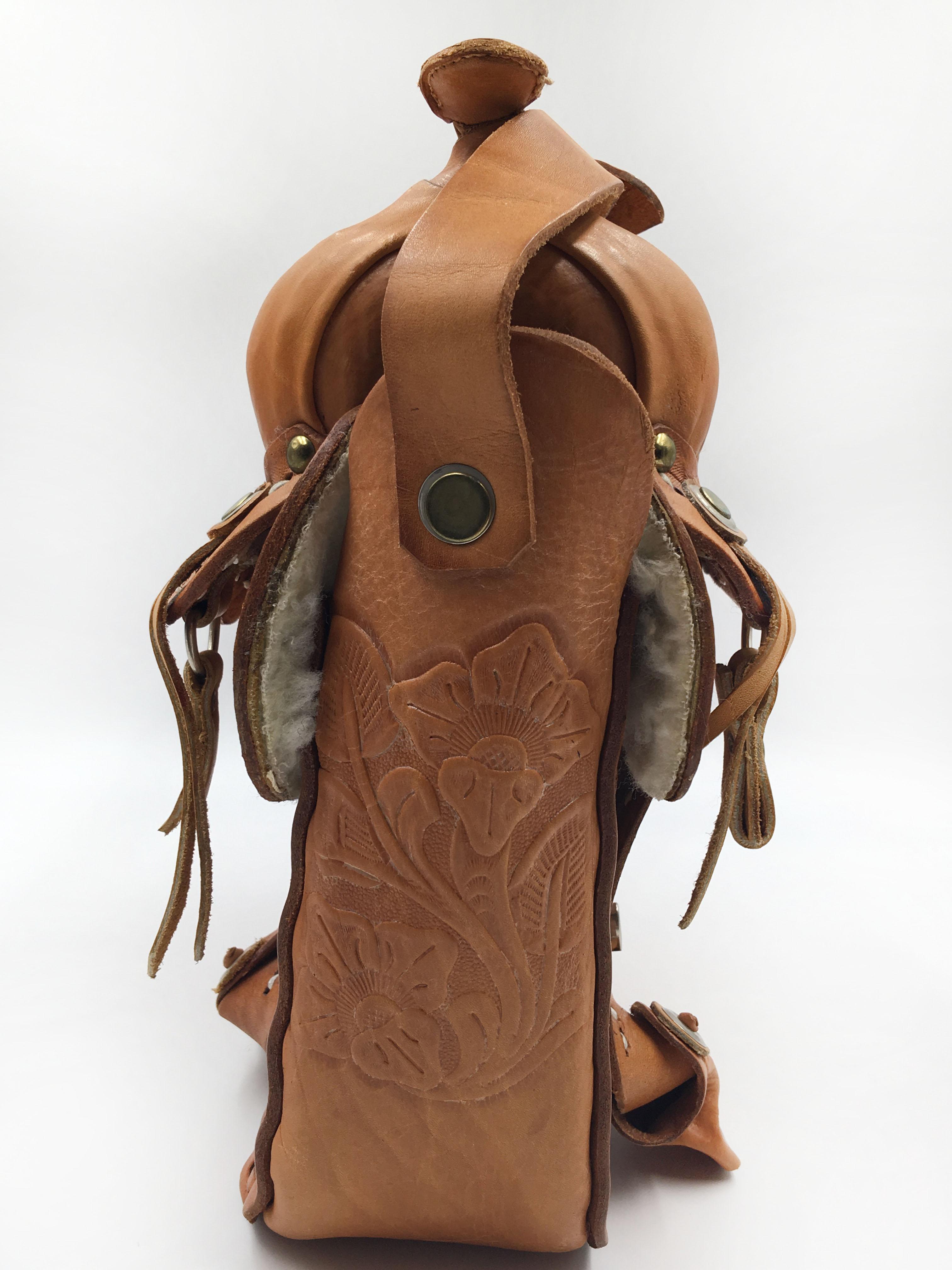 Handmade, Artisan Hand Tooled Mexican Leather and Sheepskin Saddle Shoulder Bag  2