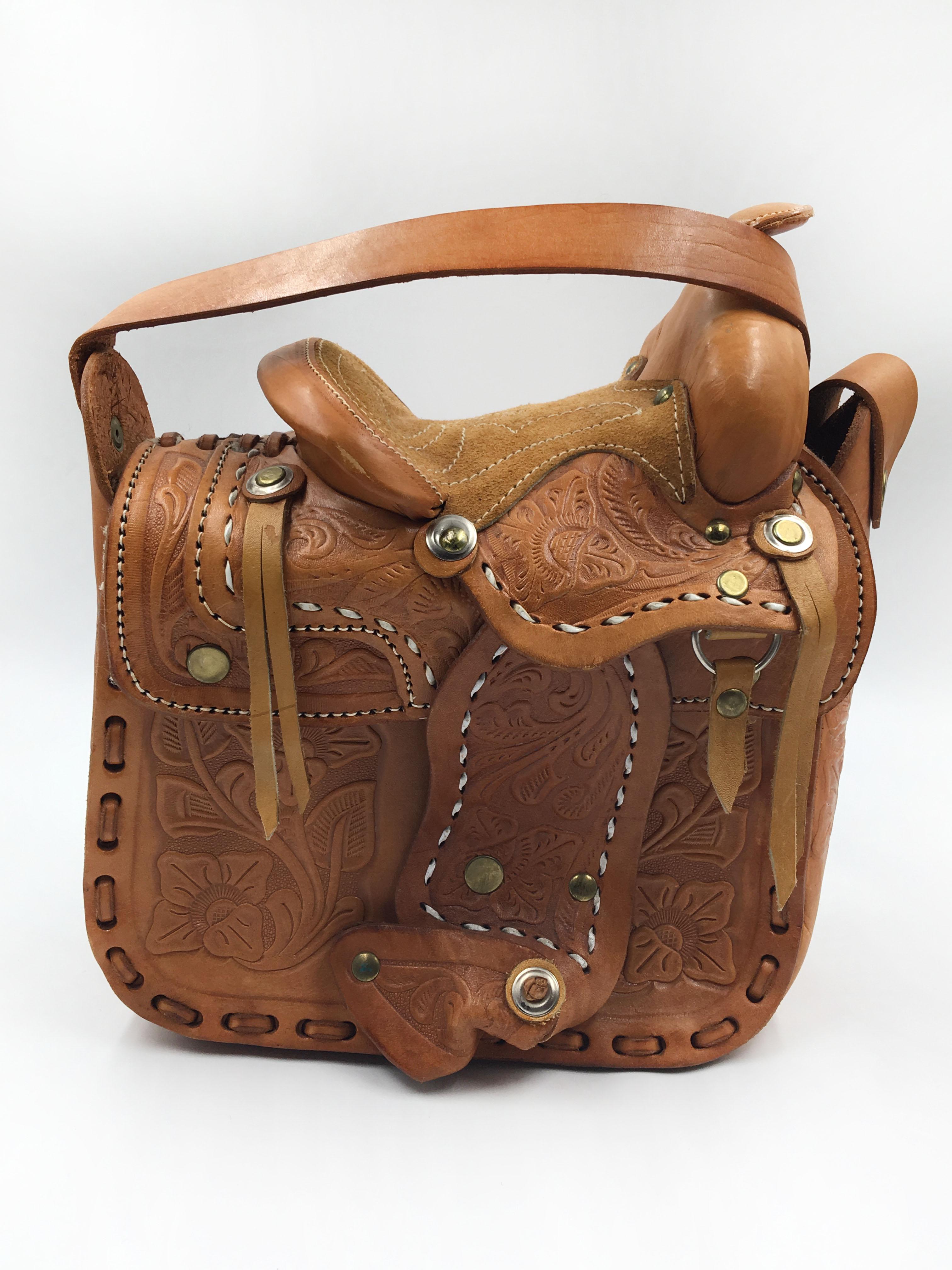 Handmade, Artisan Hand Tooled Mexican Leather and Sheepskin Saddle Shoulder Bag  3
