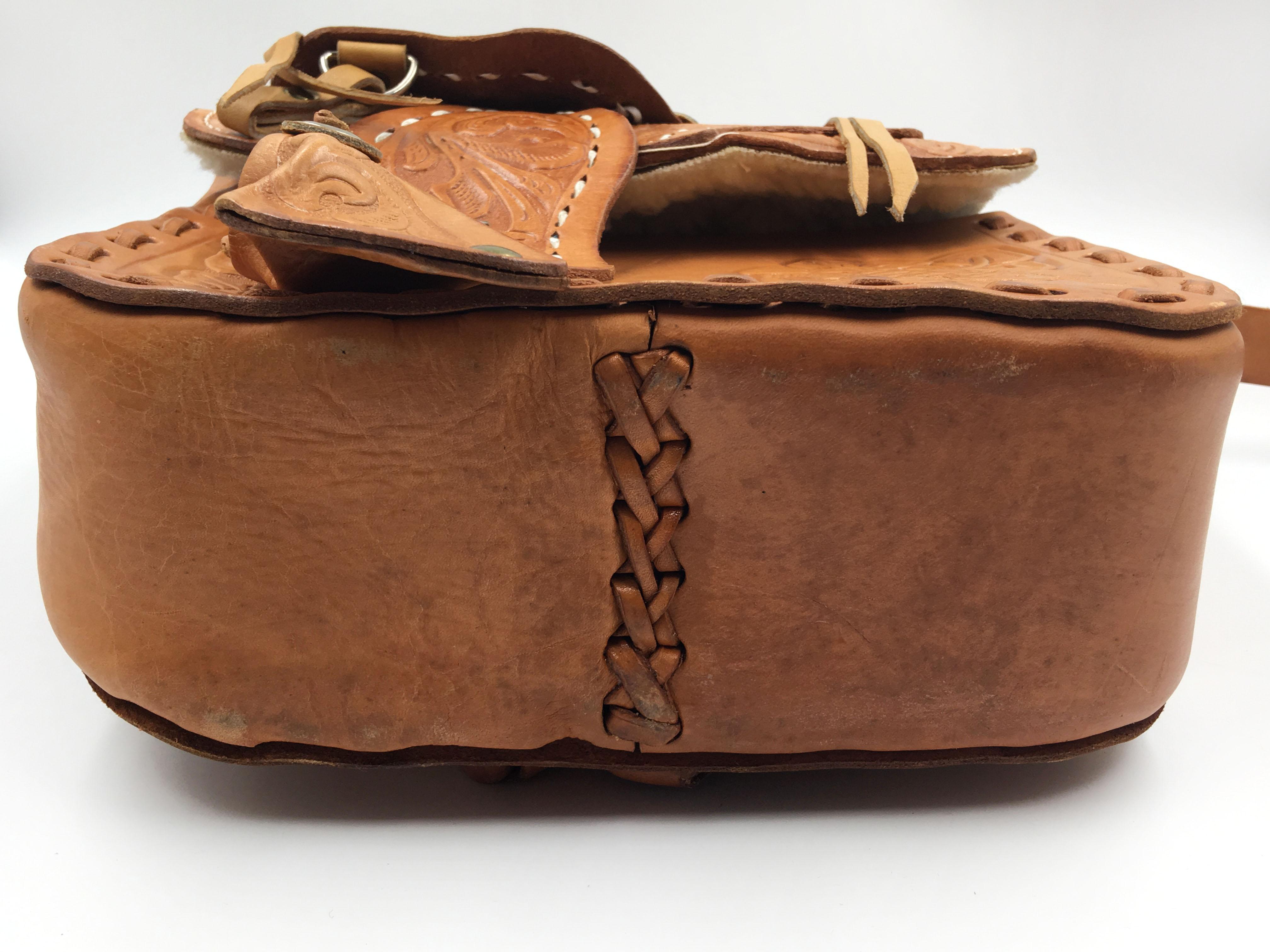 Handmade, Artisan Hand Tooled Mexican Leather and Sheepskin Saddle Shoulder Bag  4