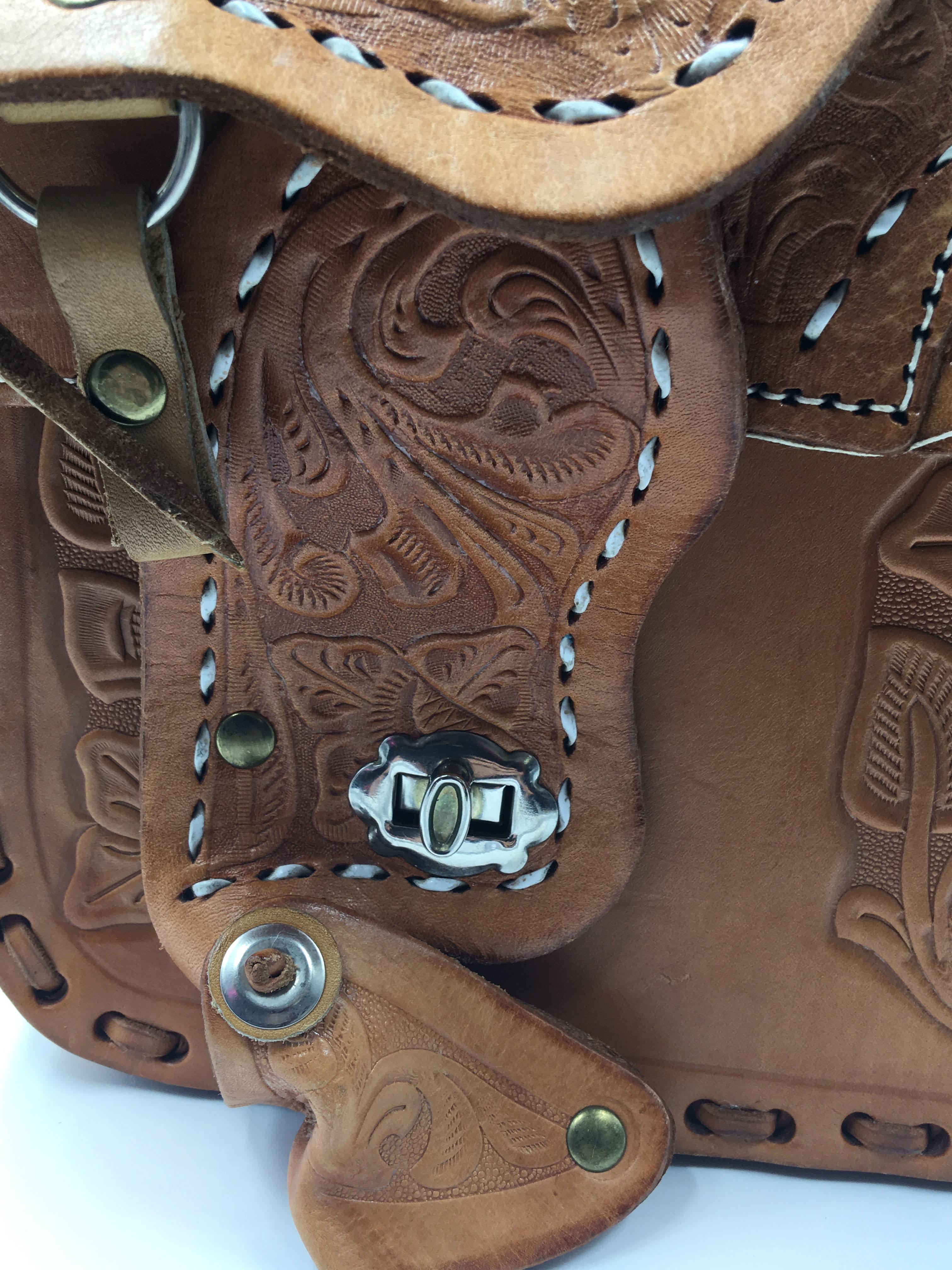 Brown Handmade, Artisan Hand Tooled Mexican Leather and Sheepskin Saddle Shoulder Bag 
