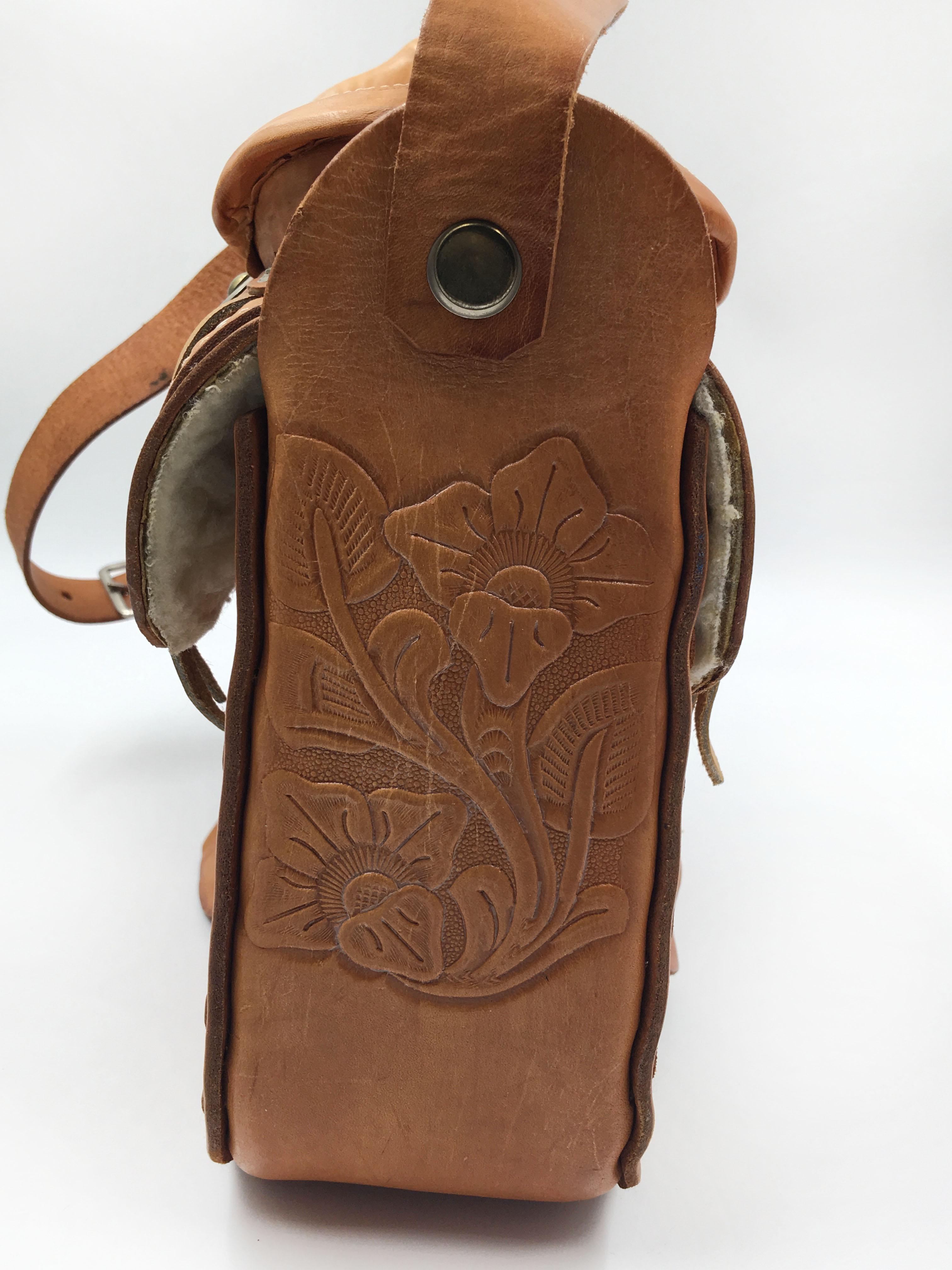 Handmade, Artisan Hand Tooled Mexican Leather and Sheepskin Saddle Shoulder Bag  1