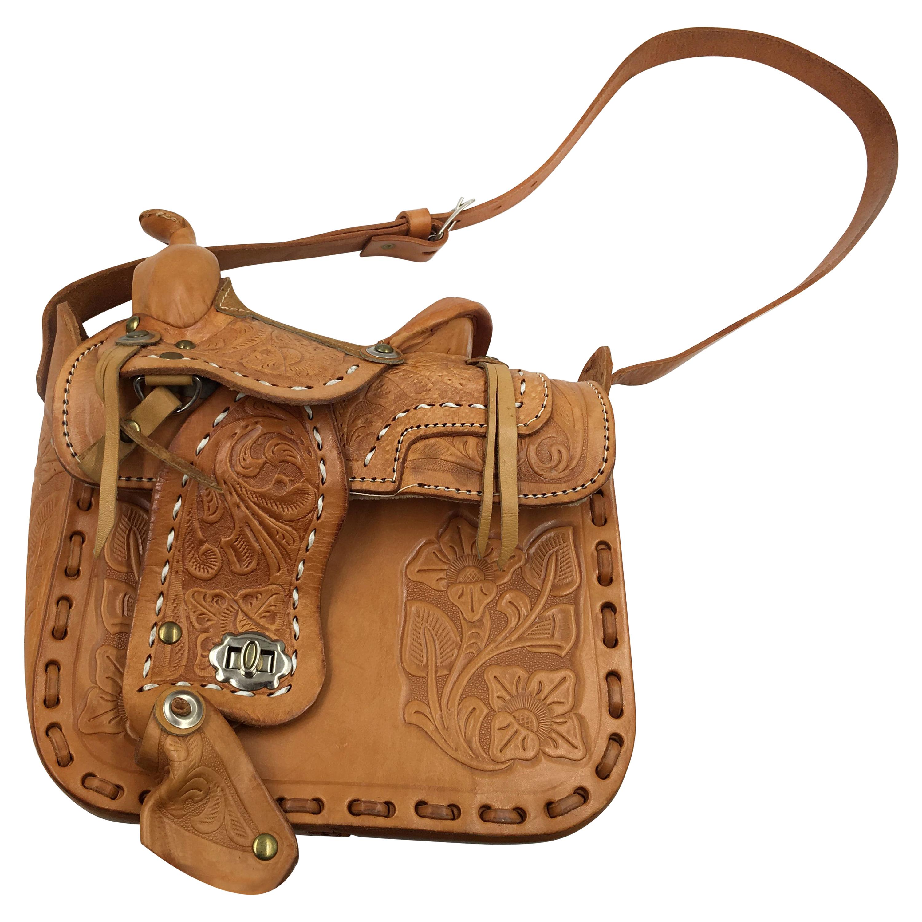 Handmade, Artisan Hand Tooled Mexican Leather and Sheepskin Saddle Shoulder Bag 