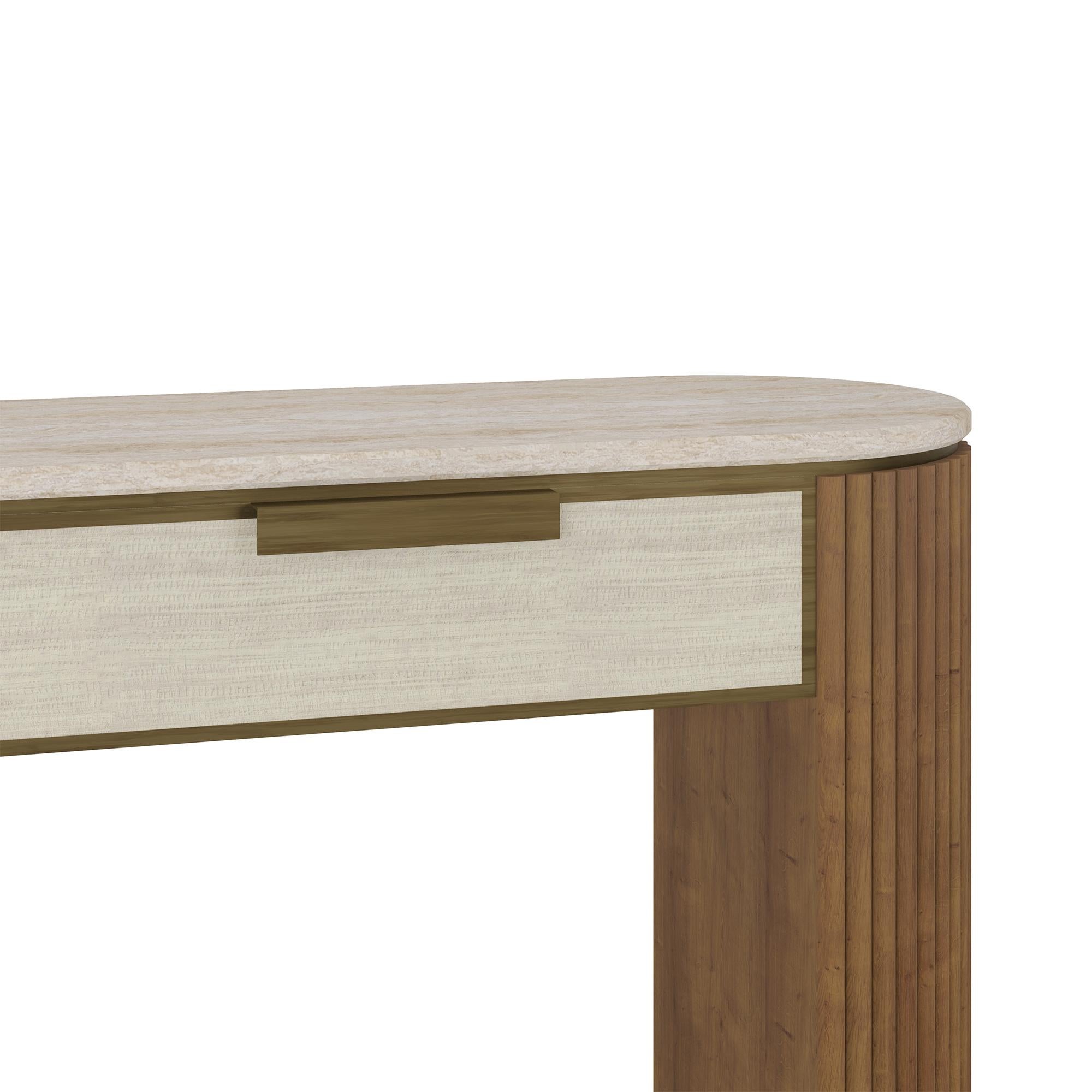 Organic Modern Handmade Harper Console in Varnished Oak with Travertine Top by Nolita Harbour For Sale