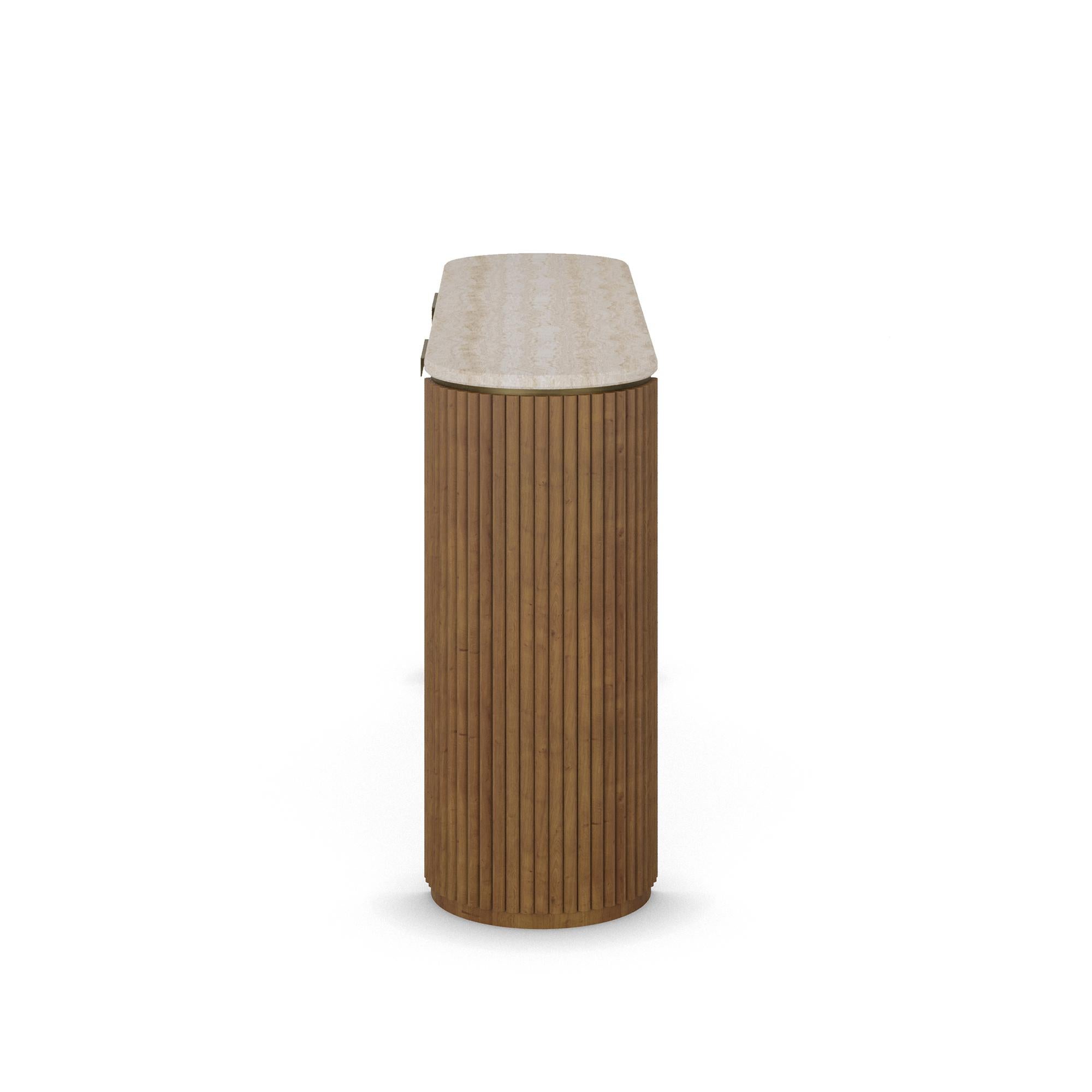 Portuguese Handmade Harper Console in Varnished Oak with Travertine Top by Nolita Harbour For Sale