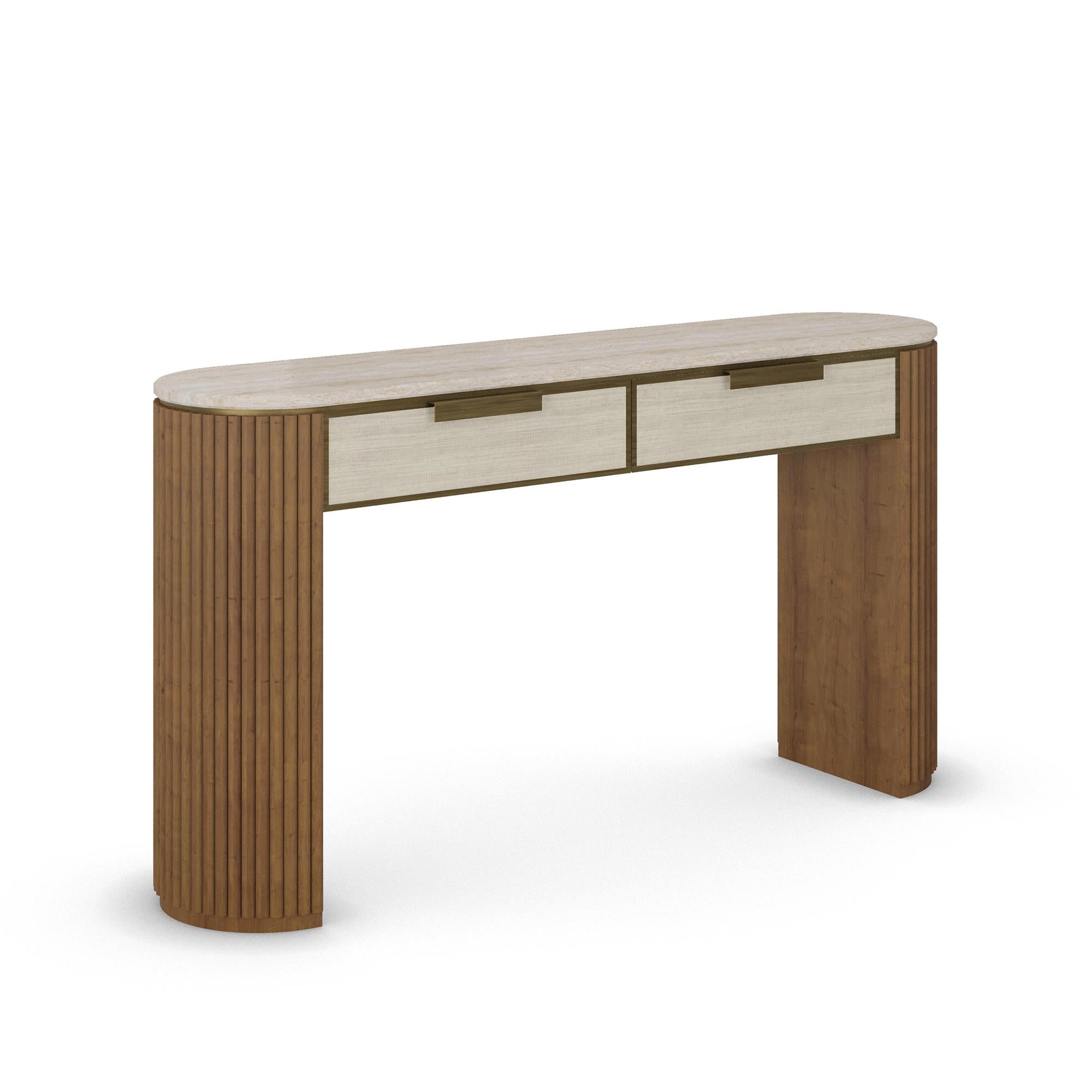 Woodwork Handmade Harper Console in Varnished Oak with Travertine Top by Nolita Harbour For Sale