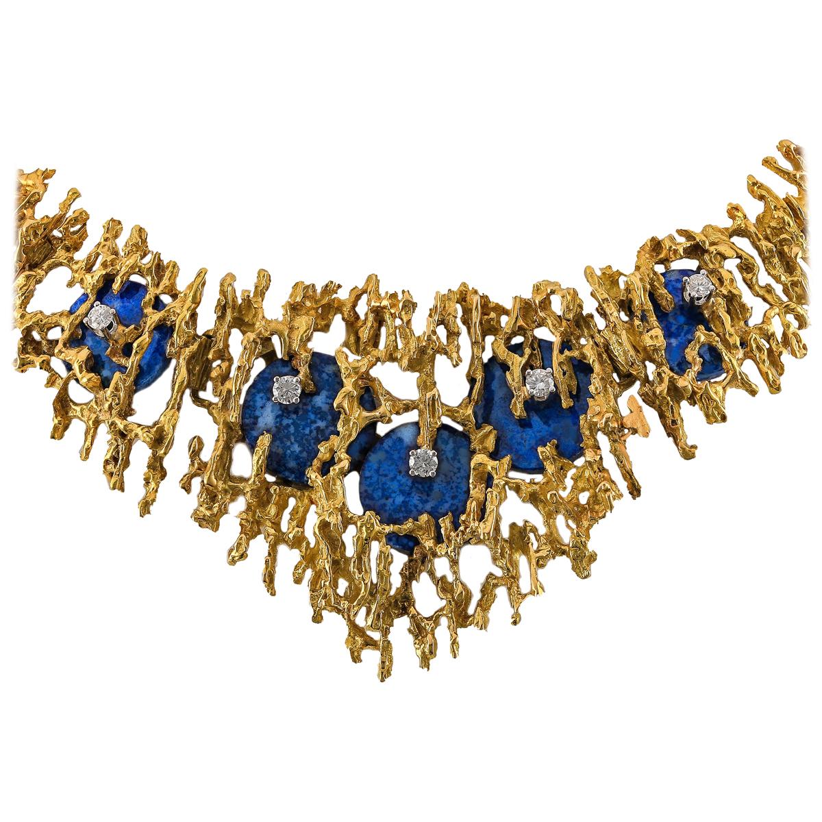 Handmade Heavy German 18 Karat Grosse Lapis Diamond Necklace, circa 1972 For Sale