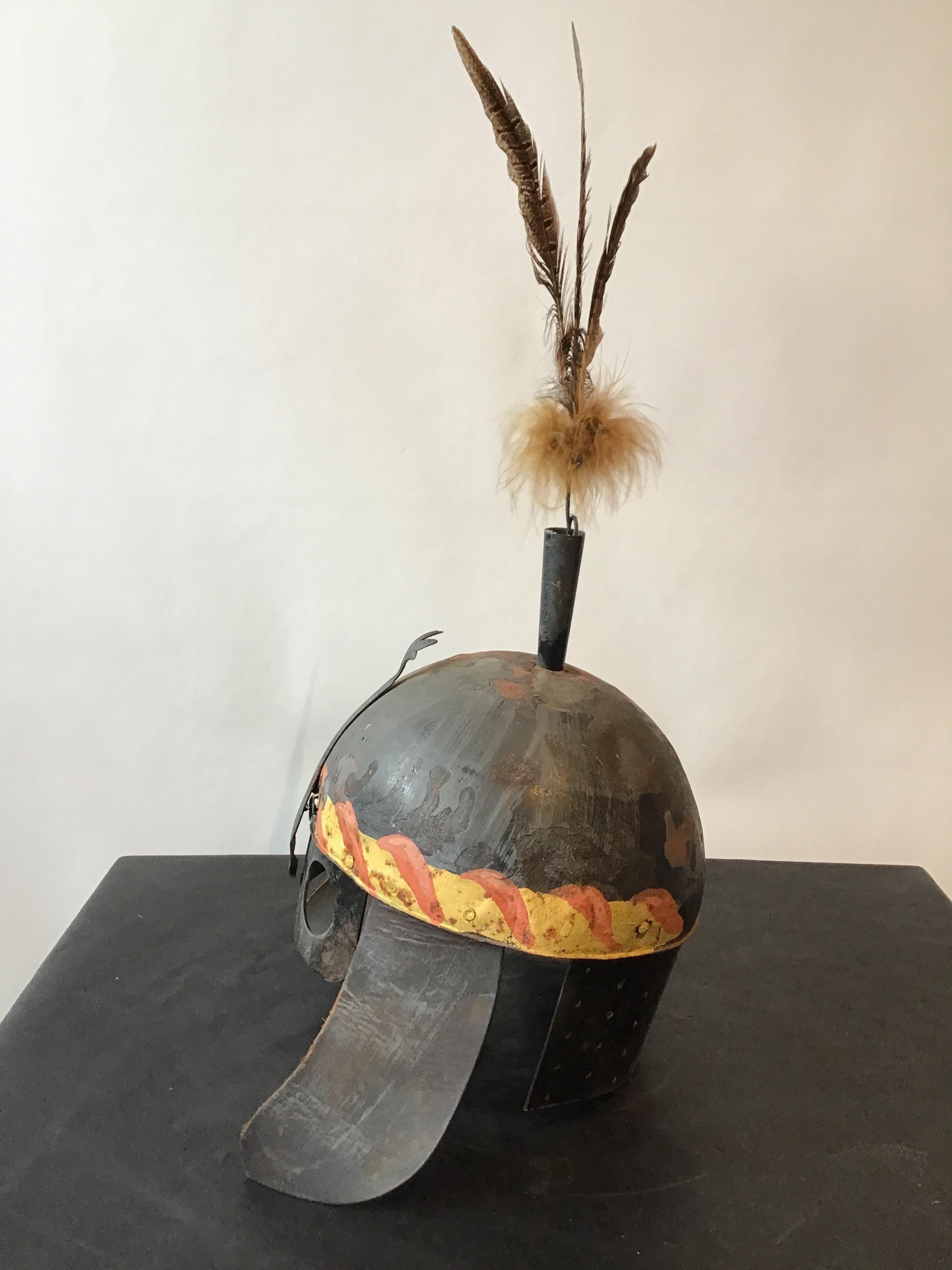 Great piece of Folk Art. Handmade metal helmet with leather flaps.