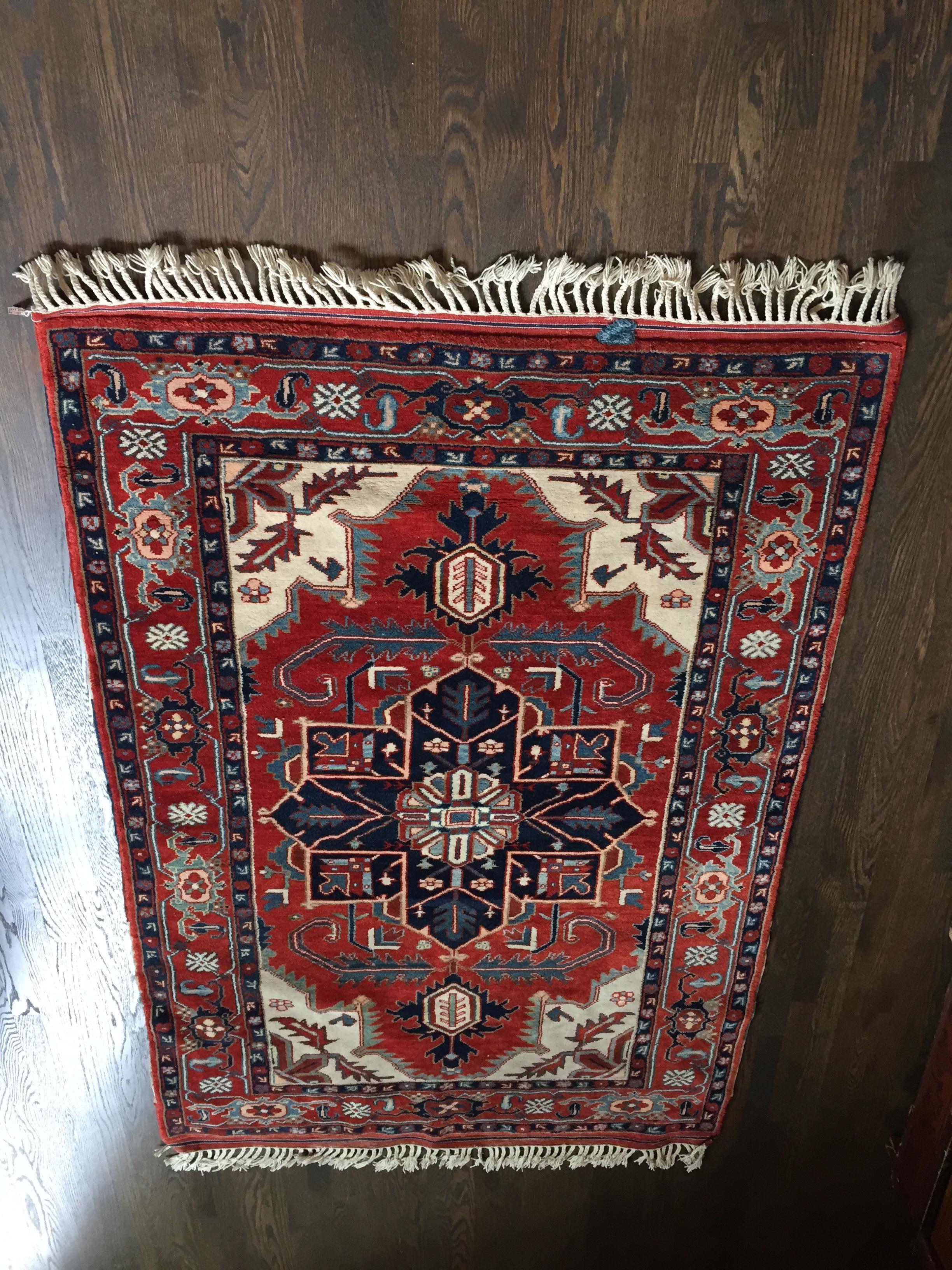 Handmade Heriz Persian rug never used 4x6
Purchased for a second home and never used, this Heriz Persian rug has incredible color and depth - Genuine Persian Rug in Heriz pattern in navy, beige, rust, blue approx. 4' x 6' like new - never on