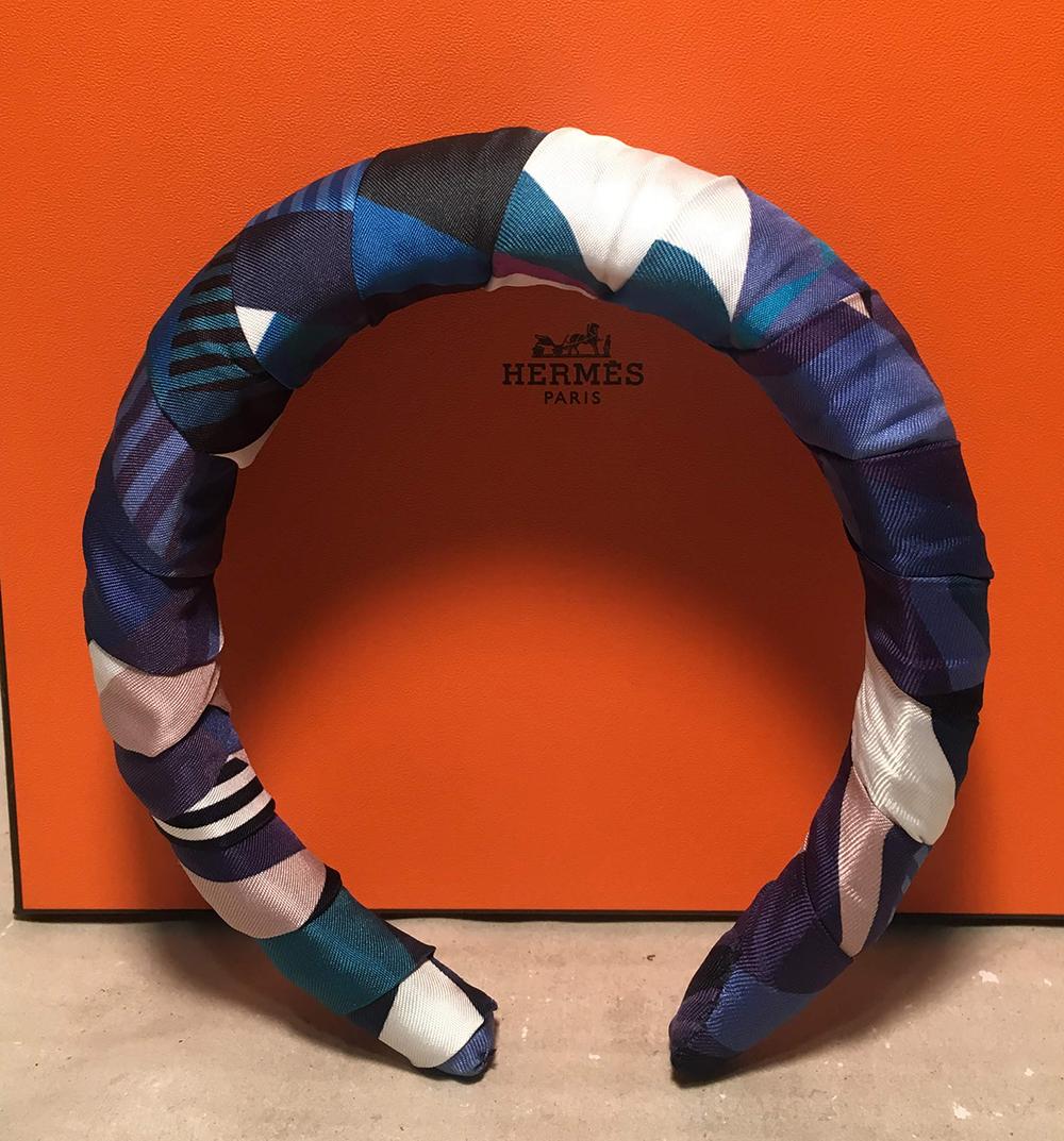 Hermes silk Blue Les Facèties de Pègase scarf reinvented into a padded headband. Original screen printed silk Hermes scarf by Dimitri Rybaltchenko features the 