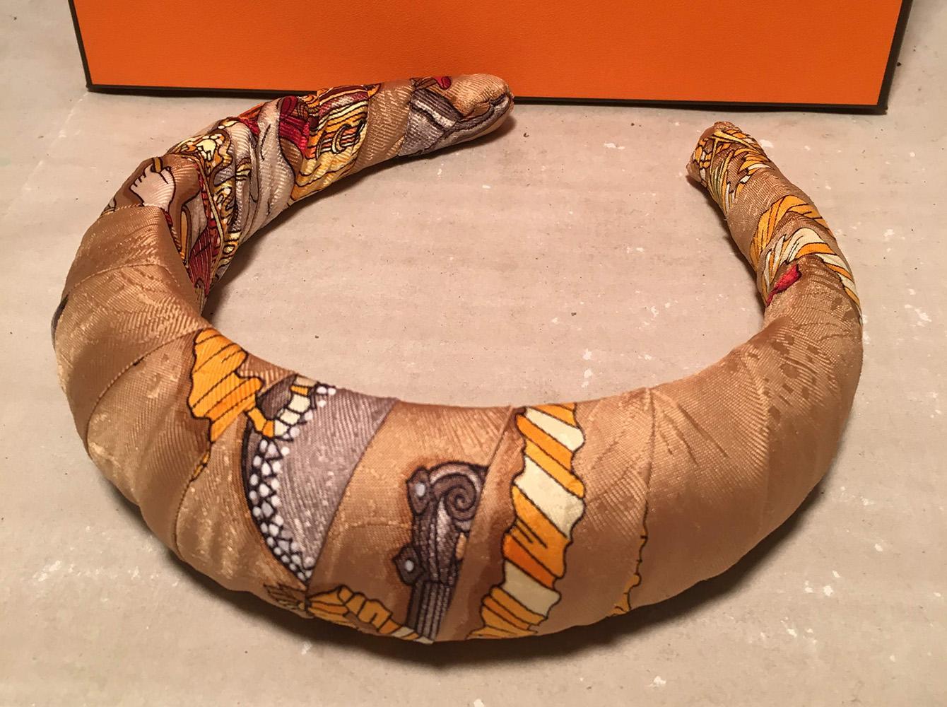 Women's Handmade Hermes Vintage Gold Les Fetes Du Roi Soleil Silk Scarf Padded Headband