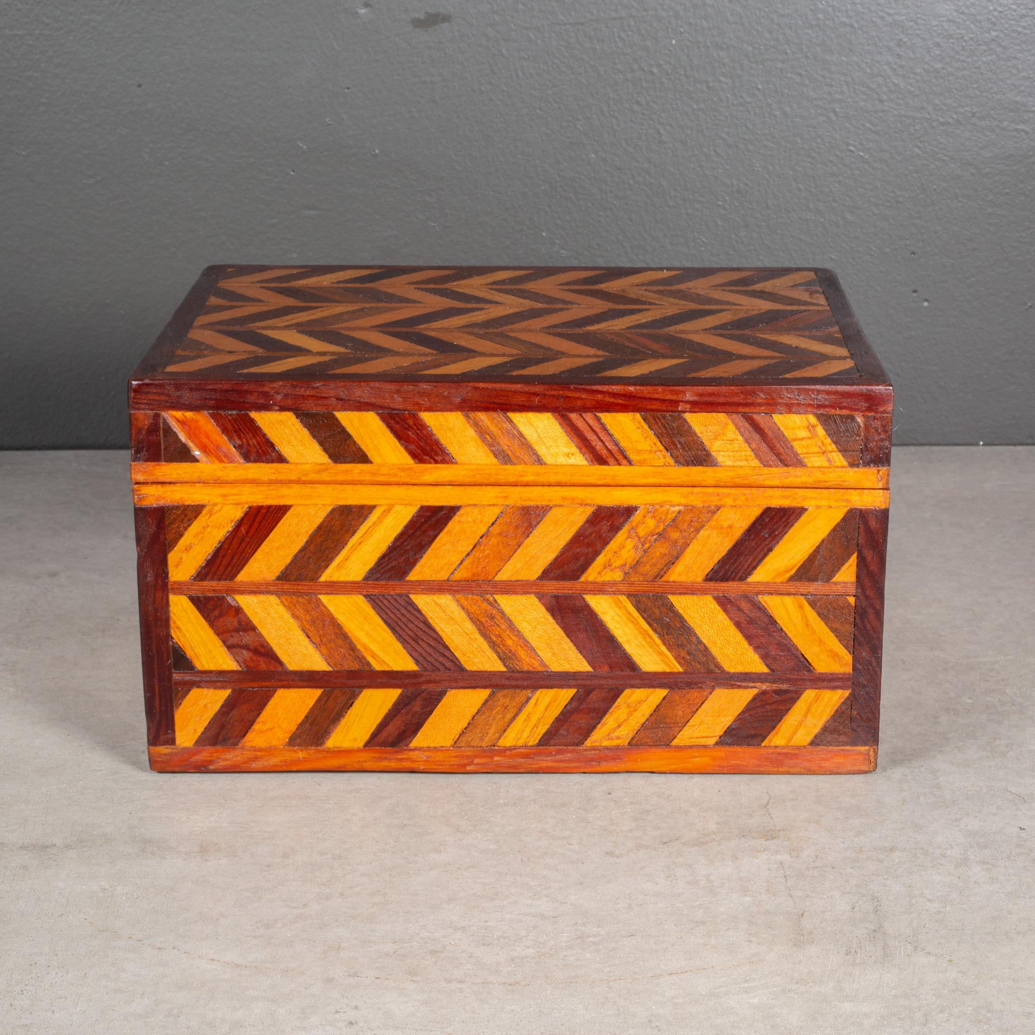 English Handmade Herringbone Inlay Wooden Box c.1940