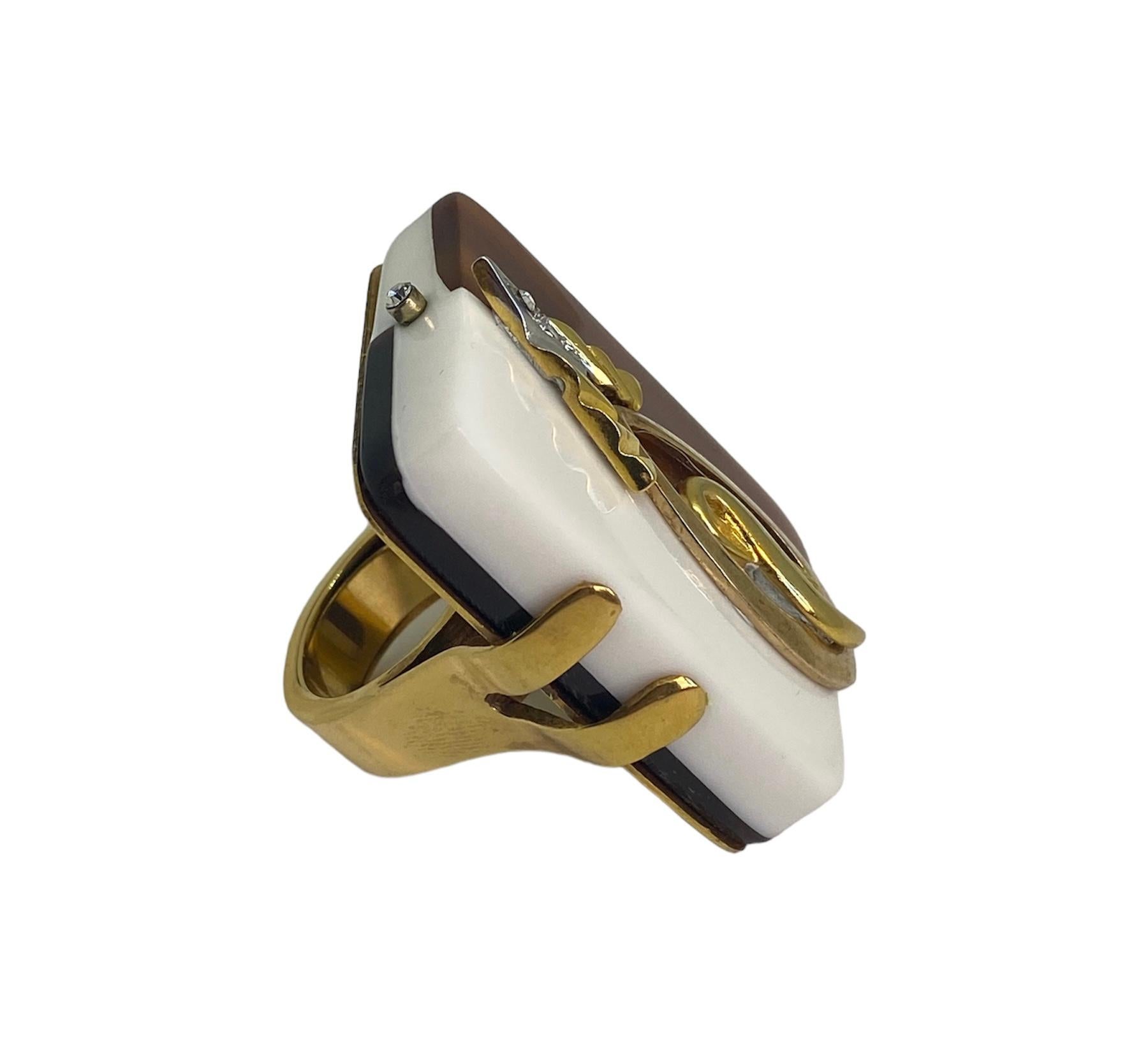 Baguette Cut One Off Ring. High Upcycling. Quartz, Gold Plated Bronze & Vintage Elements. For Sale