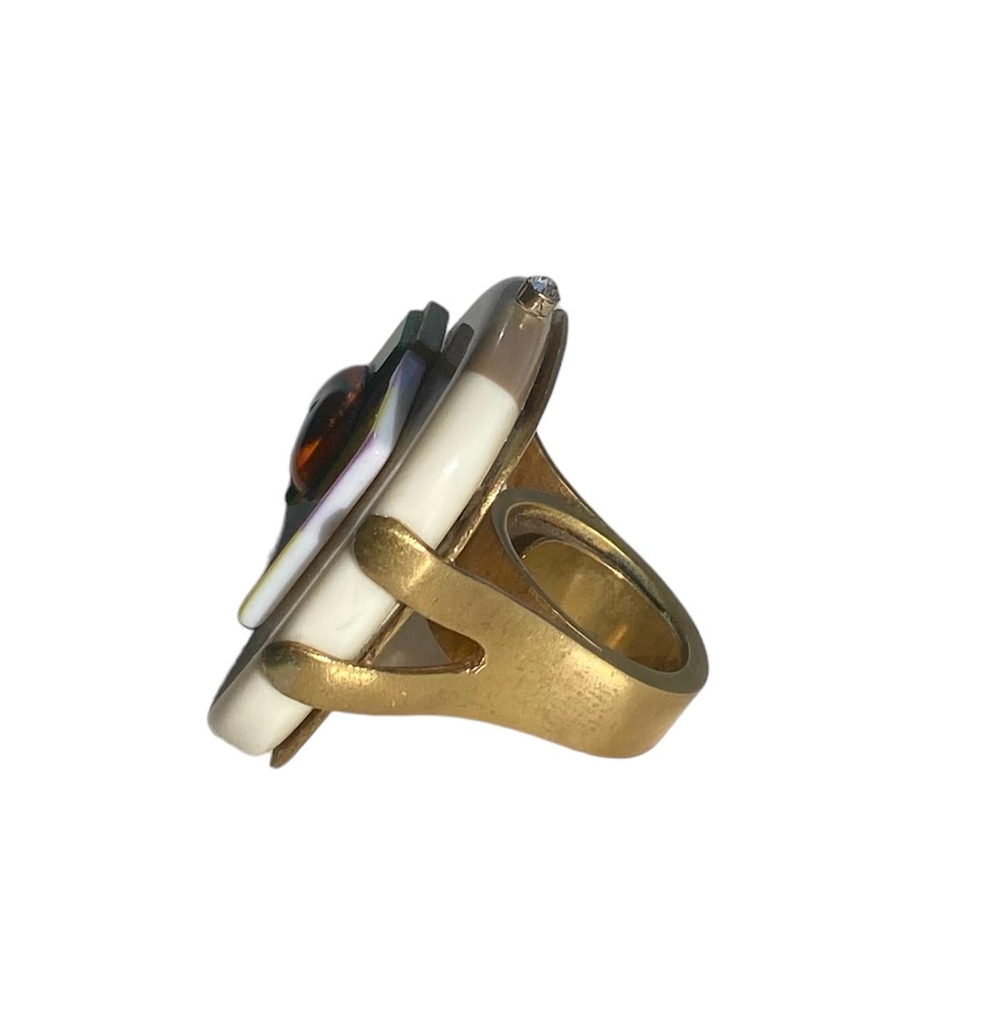 Baguette Cut One Off Ring. High Upcycling. Resin, Gold Plated Bronze & Vintage Elements. For Sale